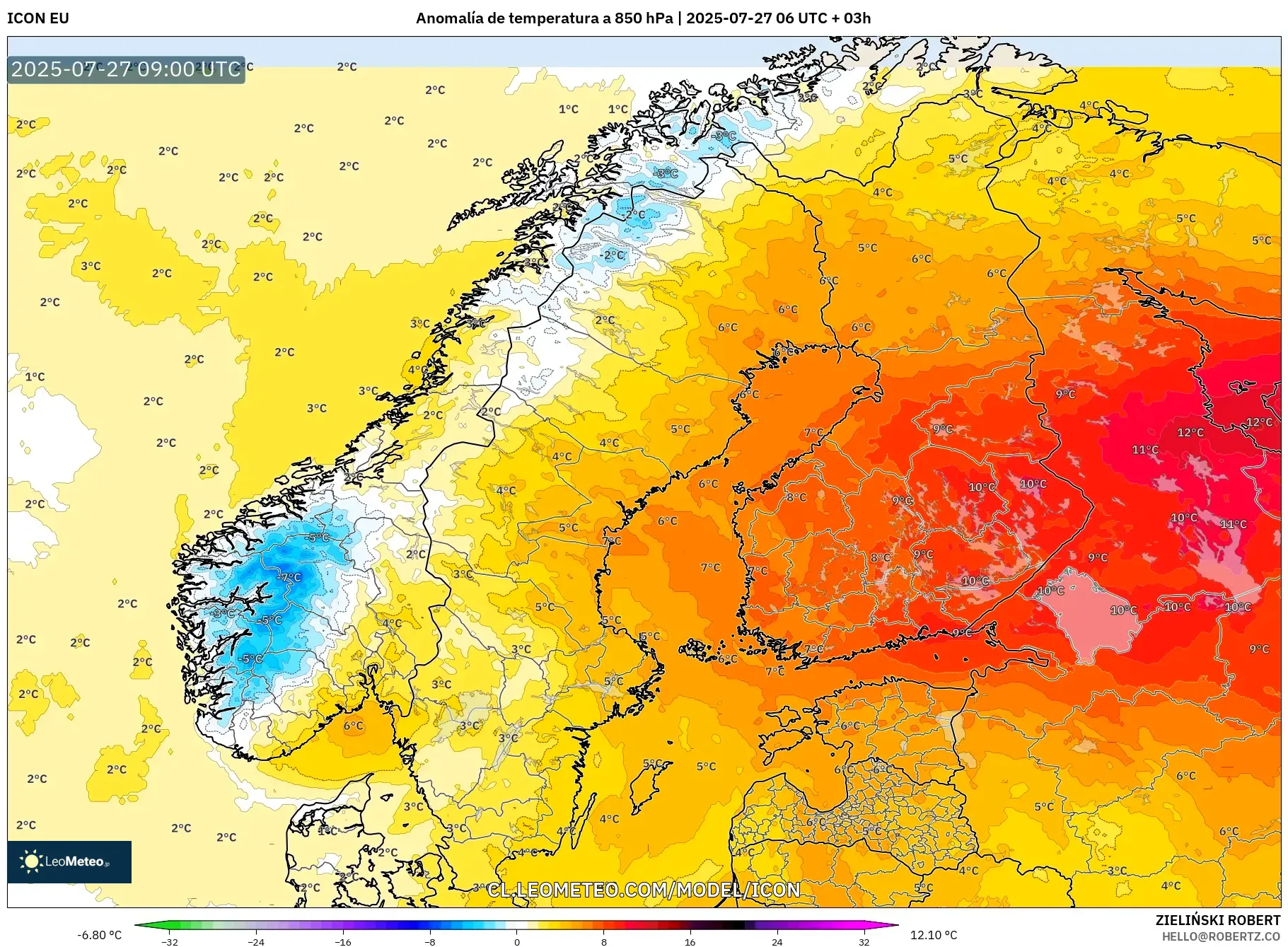 ICON model - Escandinavia, Anomalía de temperatura a 850 hPa ICON model - Escandinavia, Anomalía de temperatura a 850 hPa