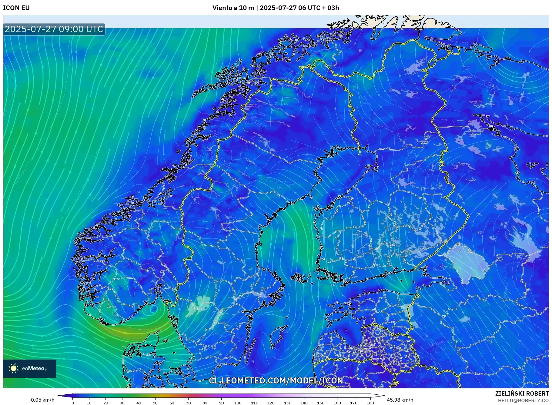 ICON model - Escandinavia, Viento a 10 m ICON model - Escandinavia, Viento a 10 m