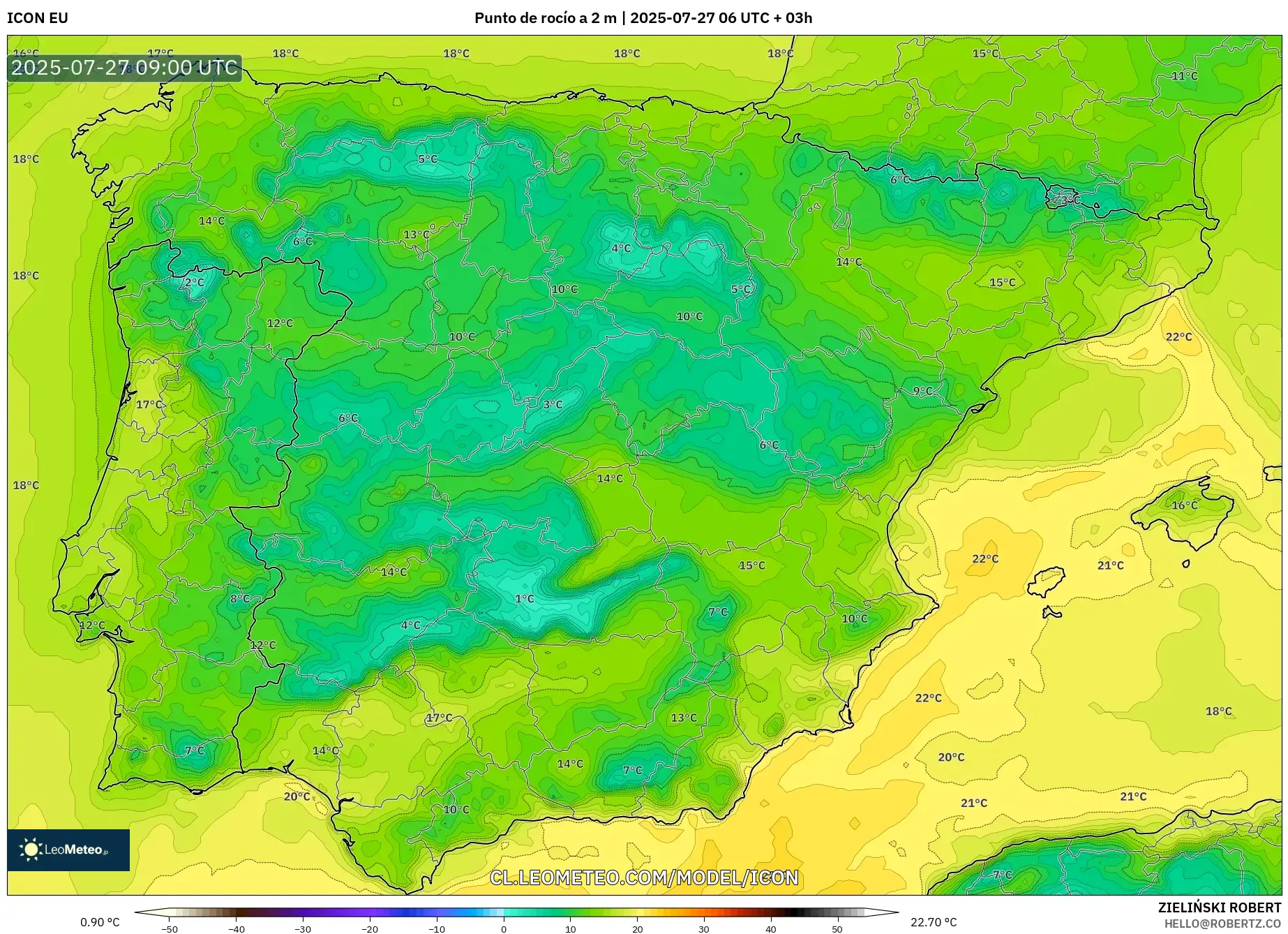 ICON model - España, Punto de rocío a 2 m ICON model - España, Punto de rocío a 2 m