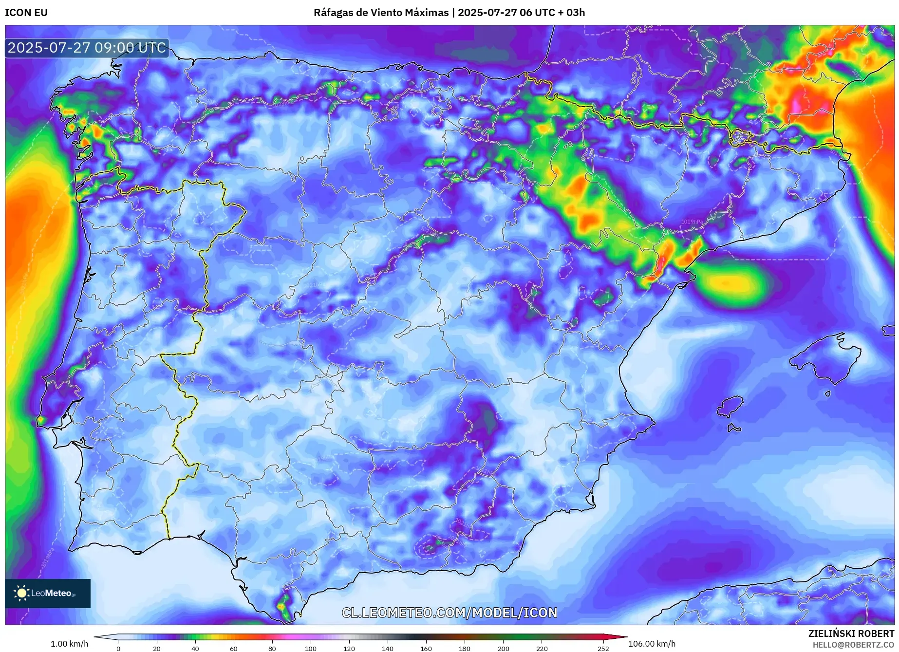 ICON model - España, Ráfagas de Viento Máximas ICON model - España, Ráfagas de Viento Máximas