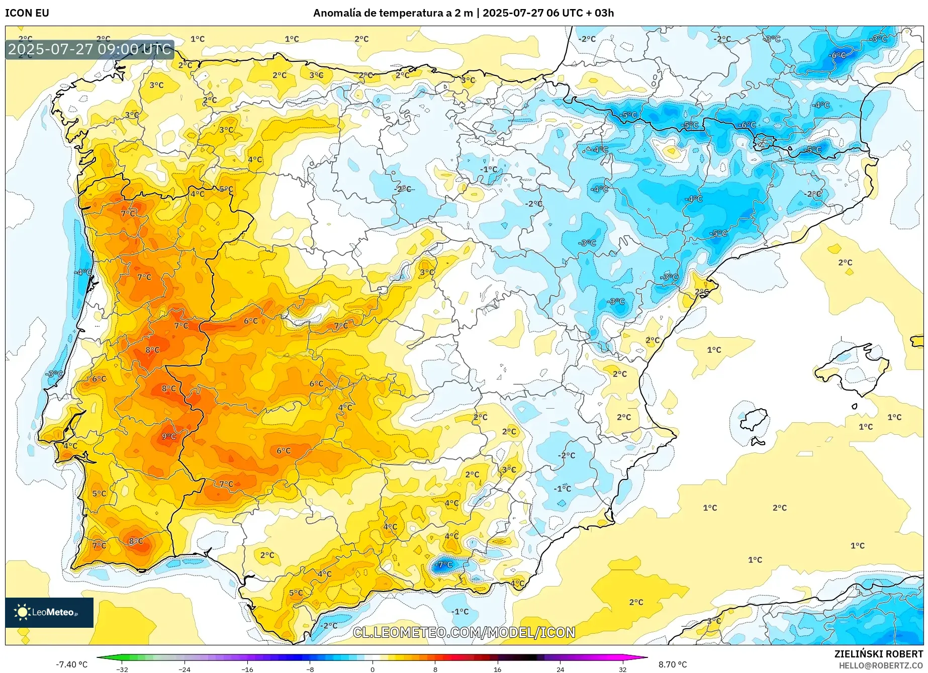 ICON model - España, Anomalía de temperatura a 2 m ICON model - España, Anomalía de temperatura a 2 m
