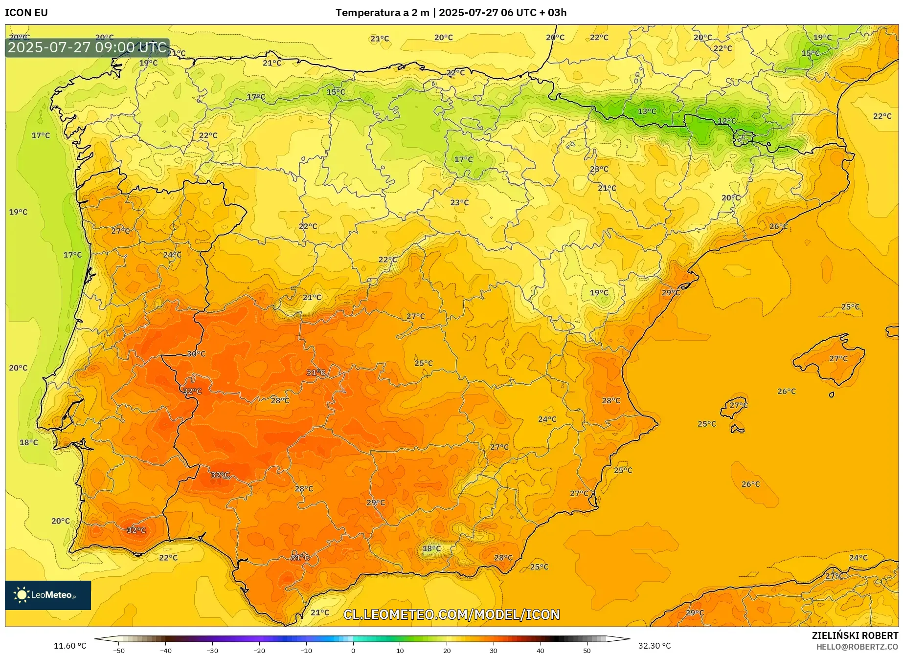 ICON model - España, Temperatura a 2 m ICON model - España, Temperatura a 2 m