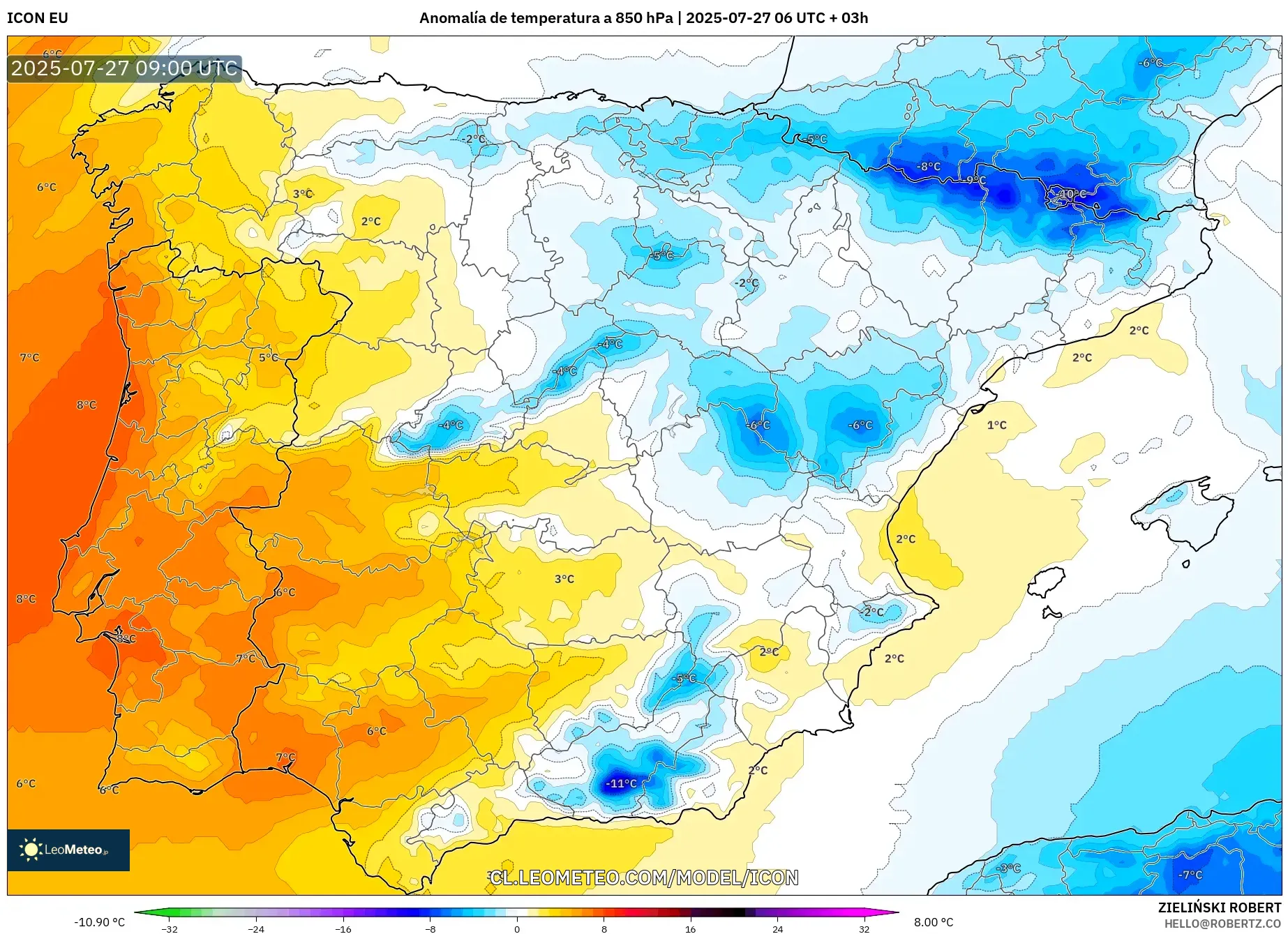 ICON model - España, Anomalía de temperatura a 850 hPa ICON model - España, Anomalía de temperatura a 850 hPa
