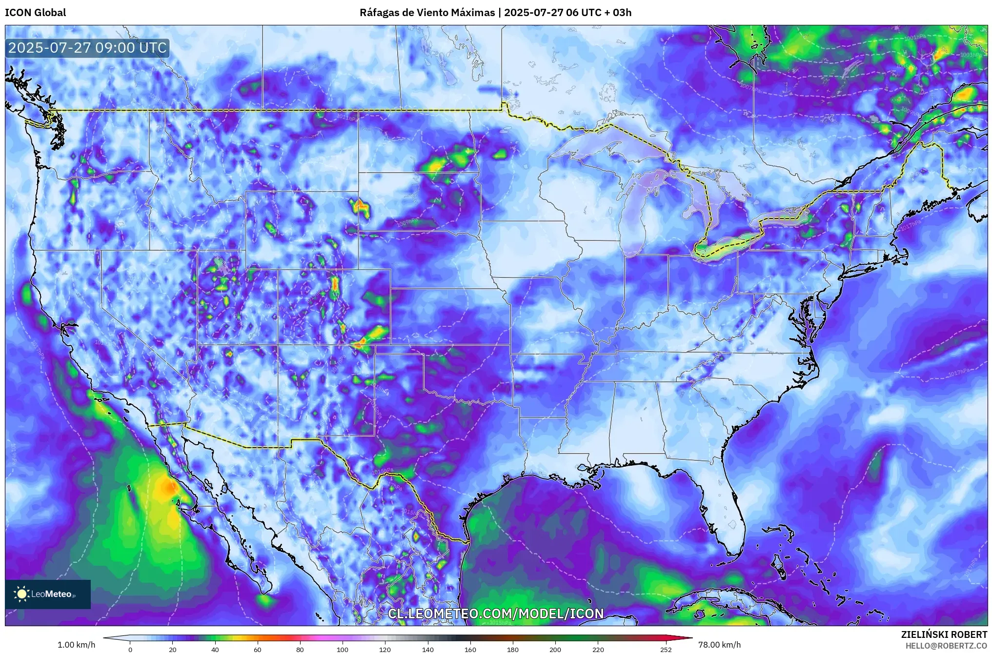ICON model - Estados Unidos, Ráfagas de Viento Máximas ICON model - Estados Unidos, Ráfagas de Viento Máximas