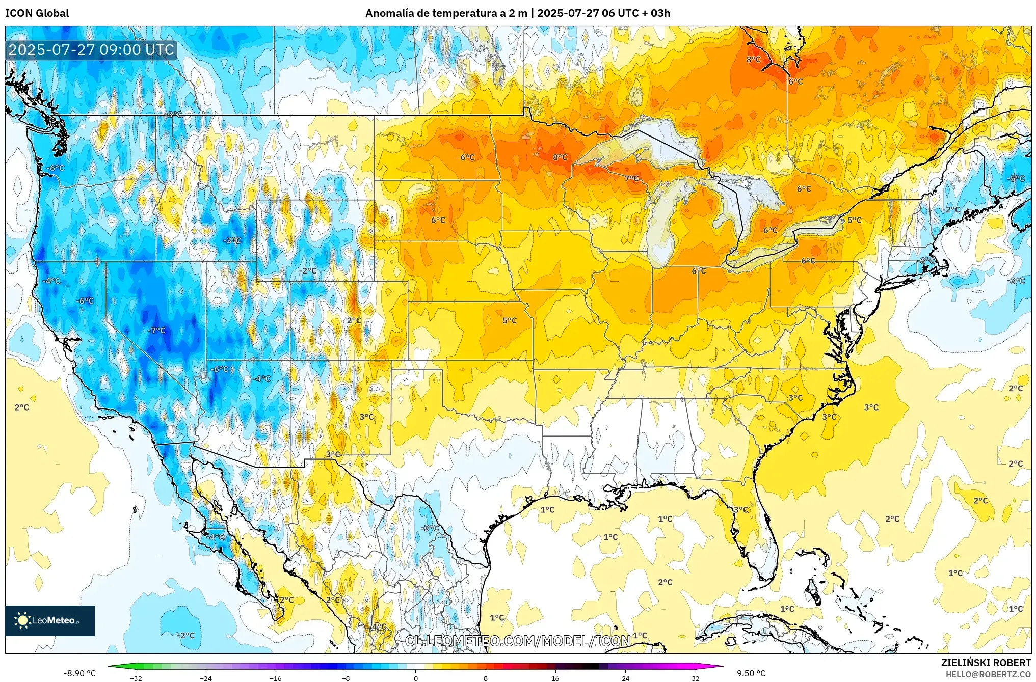 ICON model - Estados Unidos, Anomalía de temperatura a 2 m ICON model - Estados Unidos, Anomalía de temperatura a 2 m