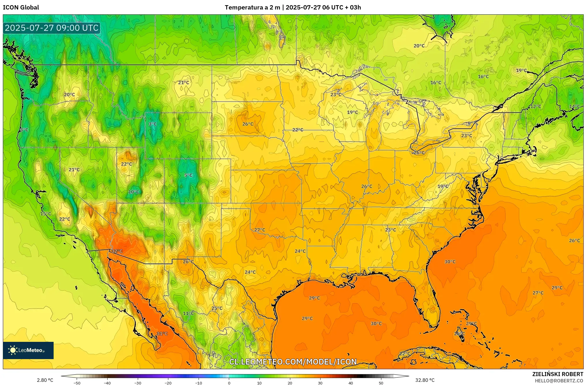 ICON model - Estados Unidos, Temperatura a 2 m ICON model - Estados Unidos, Temperatura a 2 m