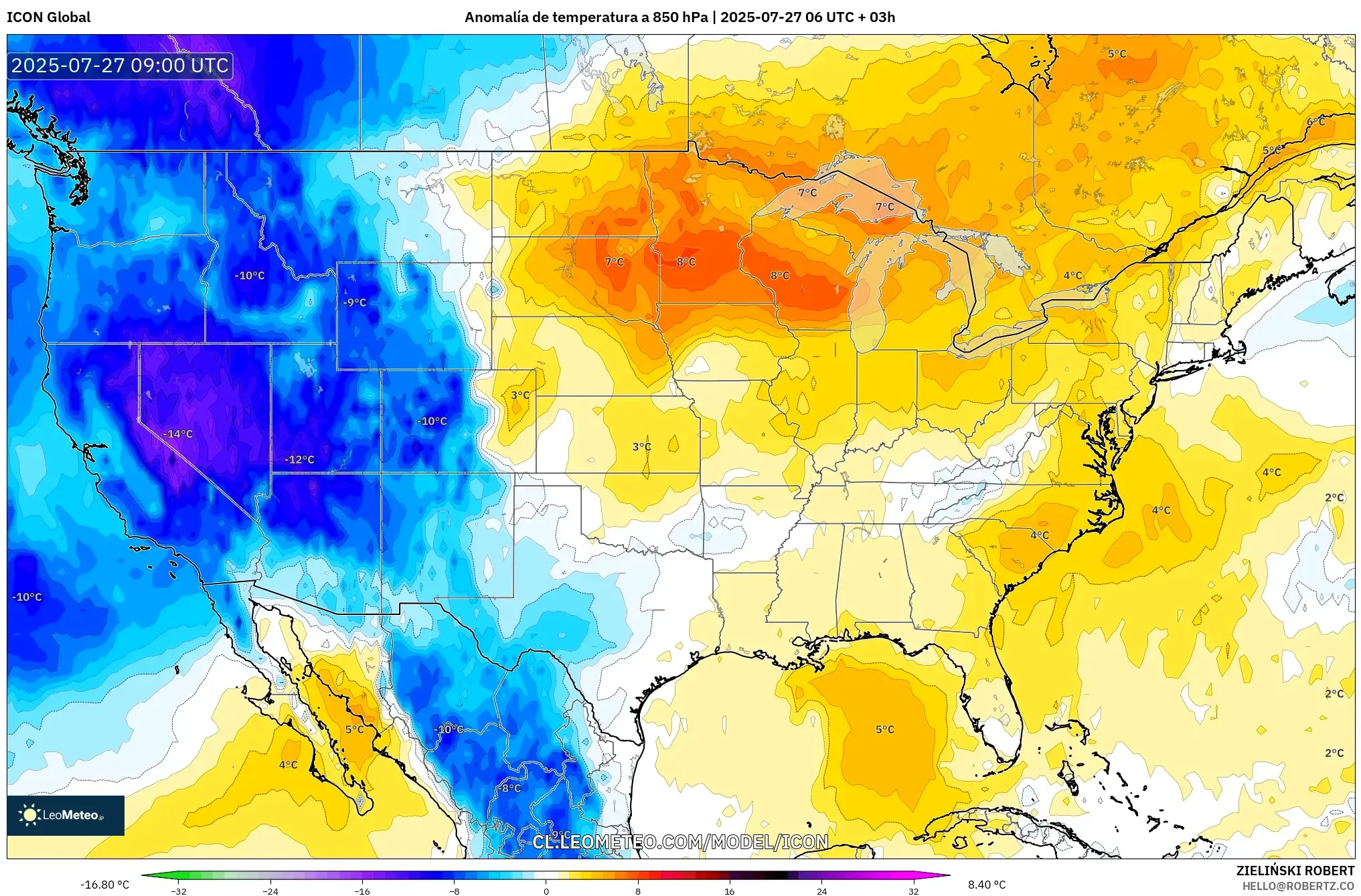 ICON model - Estados Unidos, Anomalía de temperatura a 850 hPa ICON model - Estados Unidos, Anomalía de temperatura a 850 hPa