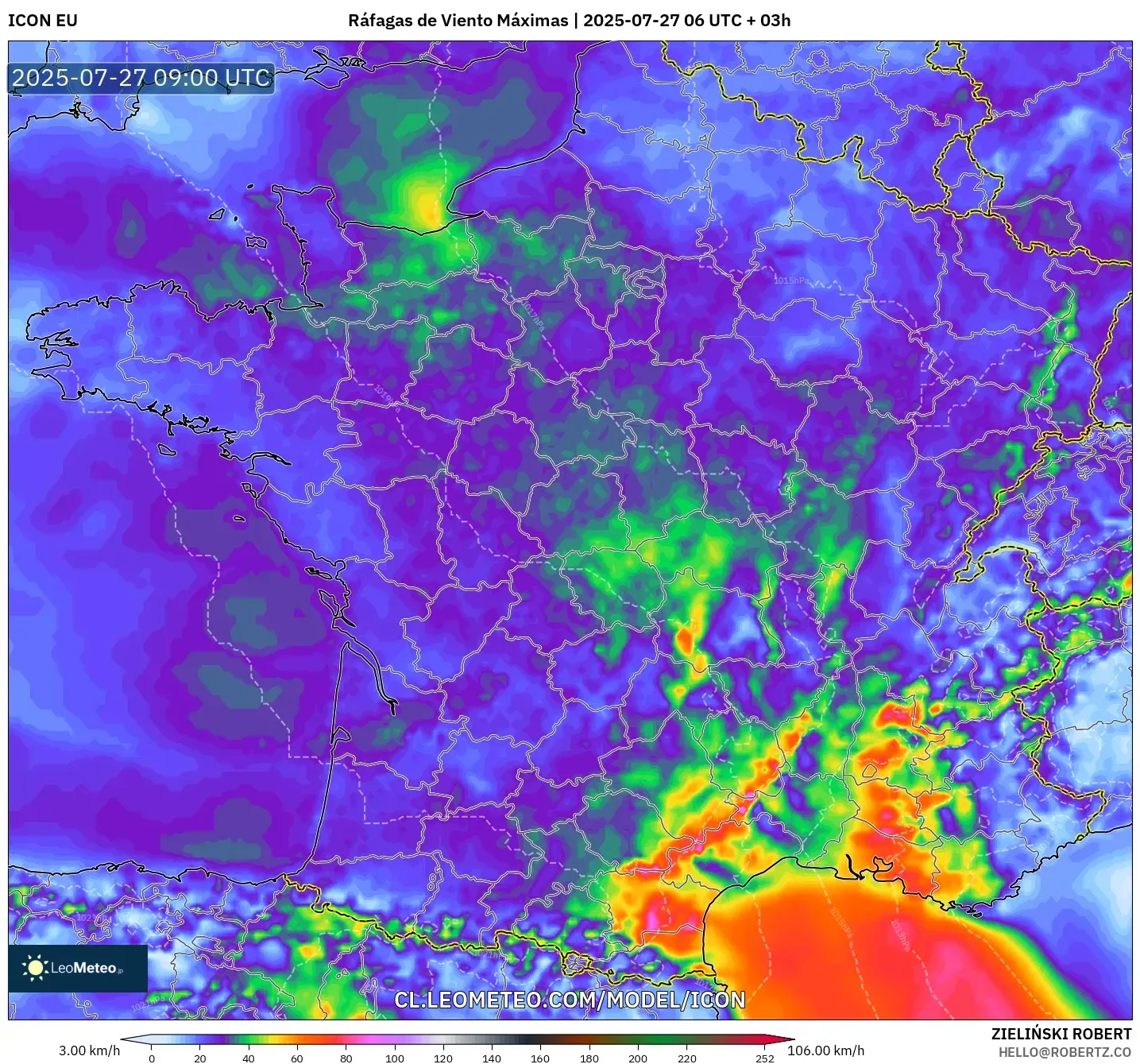 ICON model - Francia, Ráfagas de Viento Máximas ICON model - Francia, Ráfagas de Viento Máximas