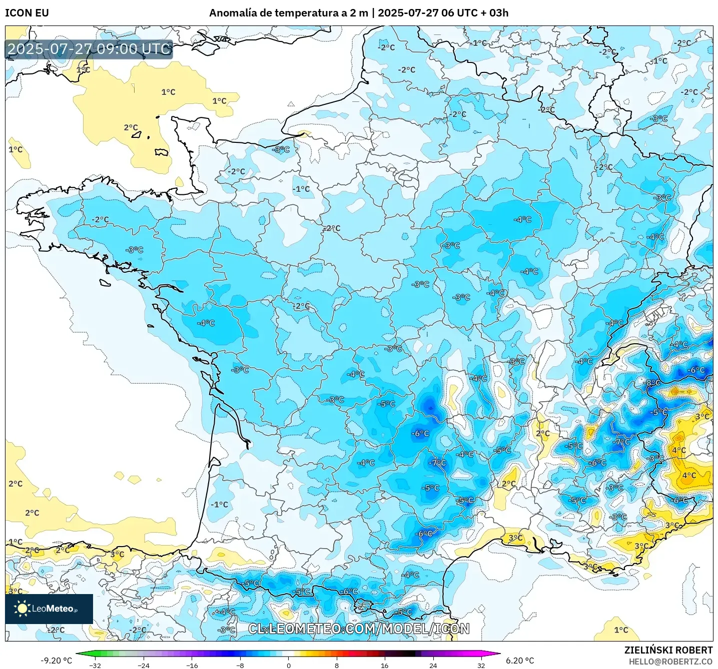 ICON model - Francia, Anomalía de temperatura a 2 m ICON model - Francia, Anomalía de temperatura a 2 m