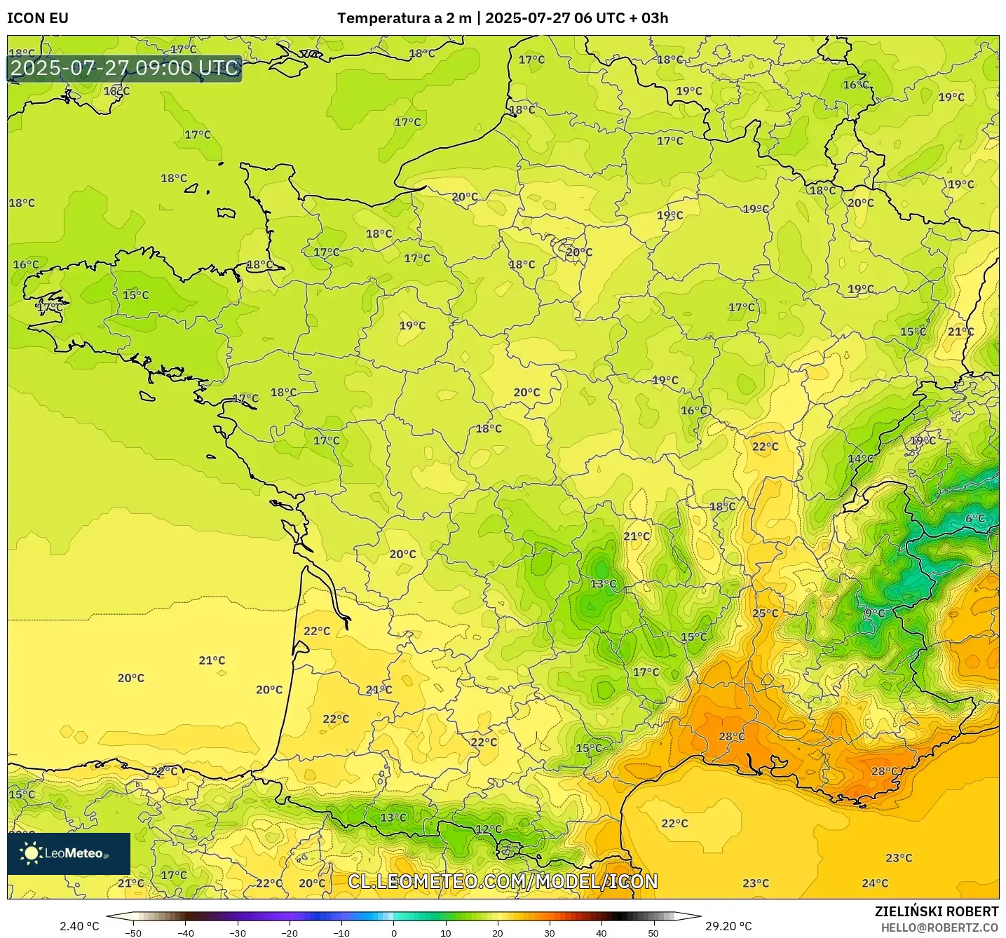 ICON model - Francia, Temperatura a 2 m ICON model - Francia, Temperatura a 2 m