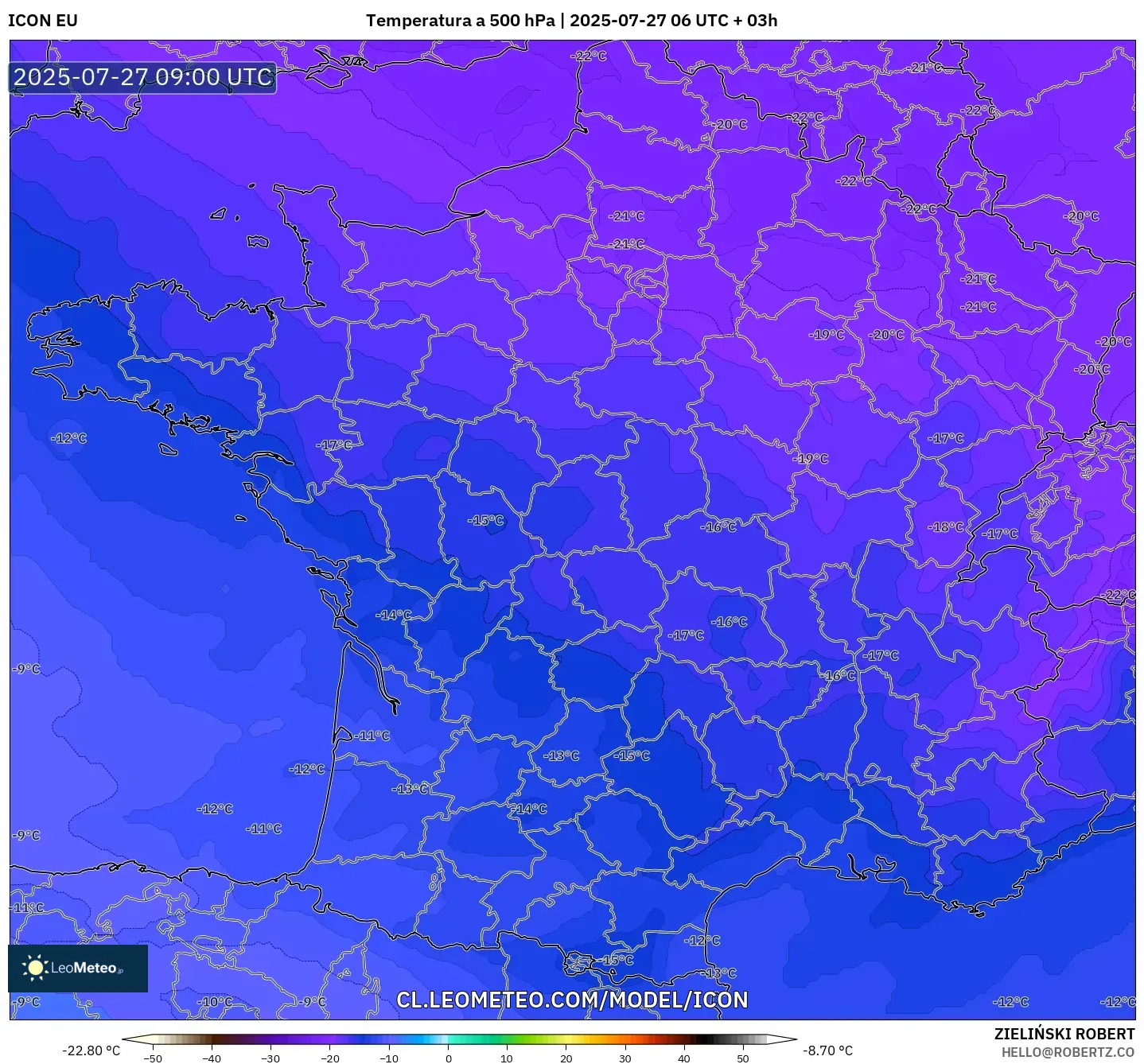 ICON model - Francia, Temperatura a 500 hPa ICON model - Francia, Temperatura a 500 hPa