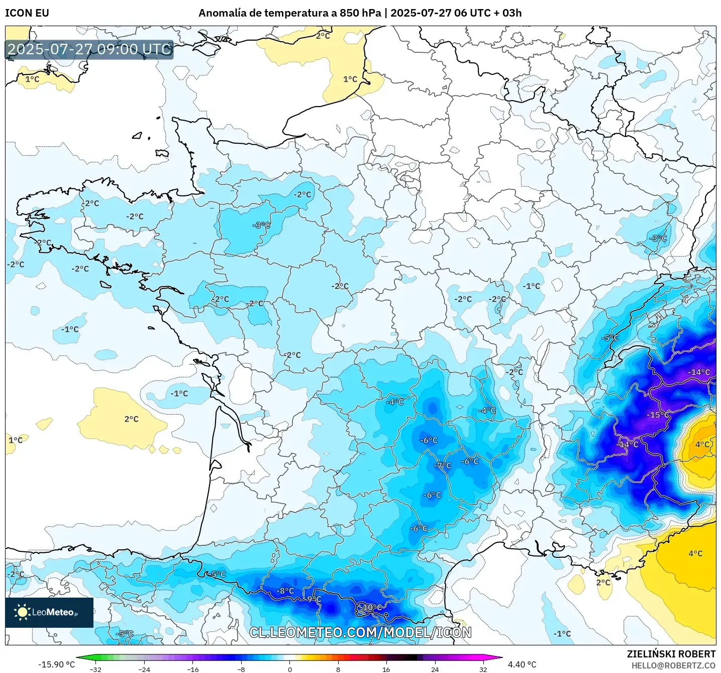 ICON model - Francia, Anomalía de temperatura a 850 hPa ICON model - Francia, Anomalía de temperatura a 850 hPa