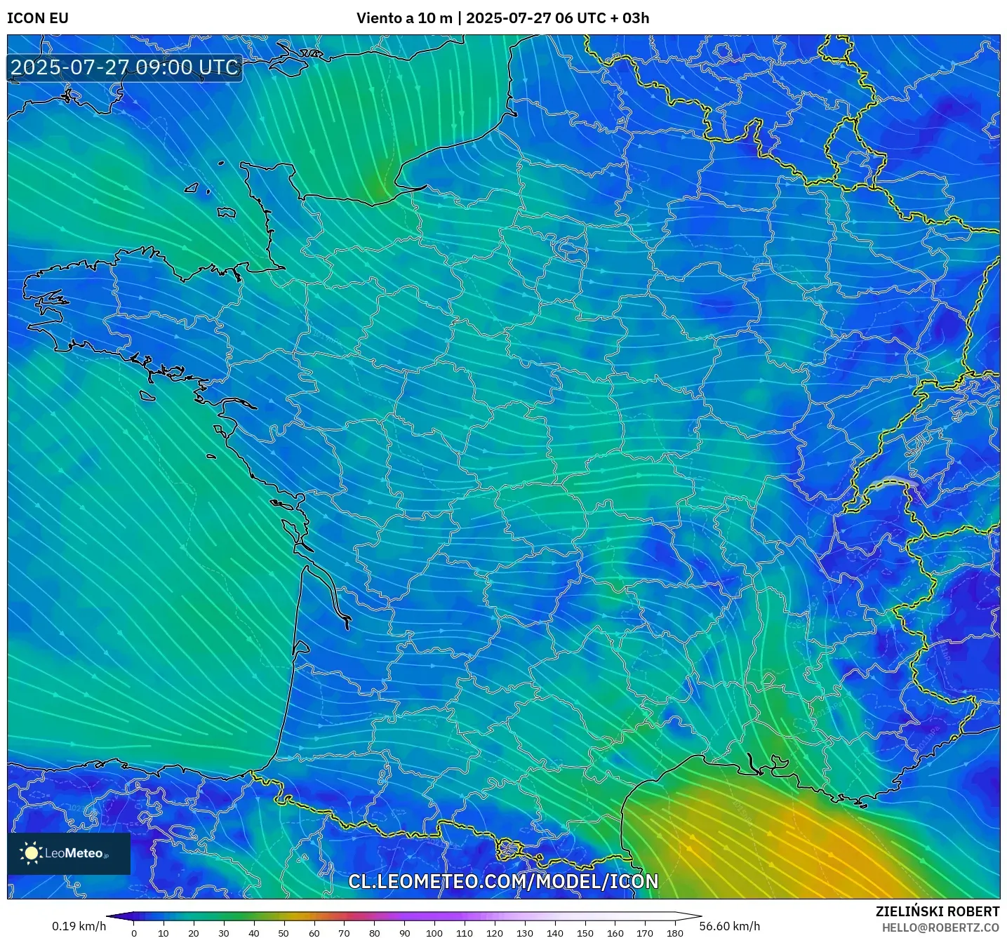 ICON model - Francia, Viento a 10 m ICON model - Francia, Viento a 10 m
