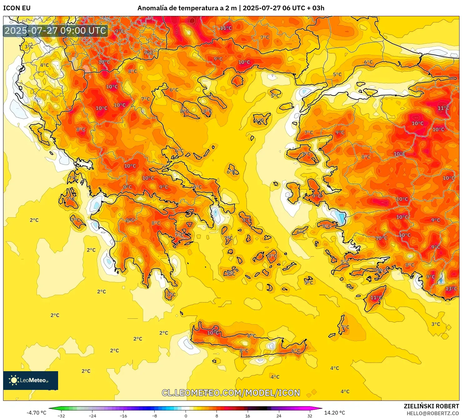 ICON model - Grecia, Anomalía de temperatura a 2 m ICON model - Grecia, Anomalía de temperatura a 2 m
