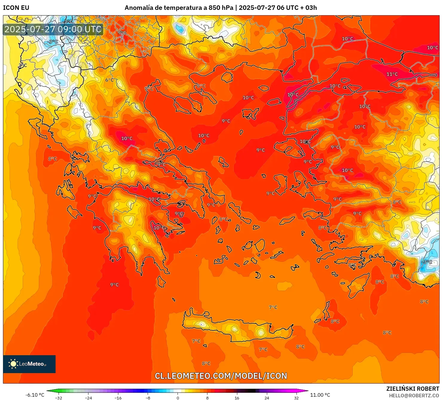 ICON model - Grecia, Anomalía de temperatura a 850 hPa ICON model - Grecia, Anomalía de temperatura a 850 hPa