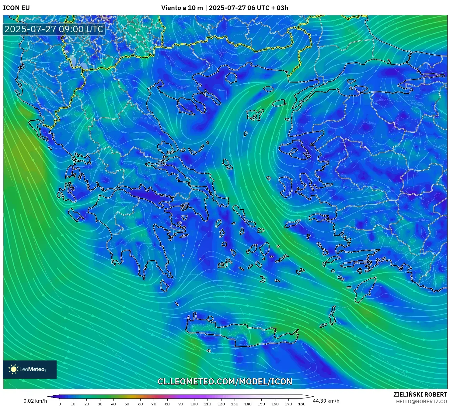 ICON model - Grecia, Viento a 10 m ICON model - Grecia, Viento a 10 m