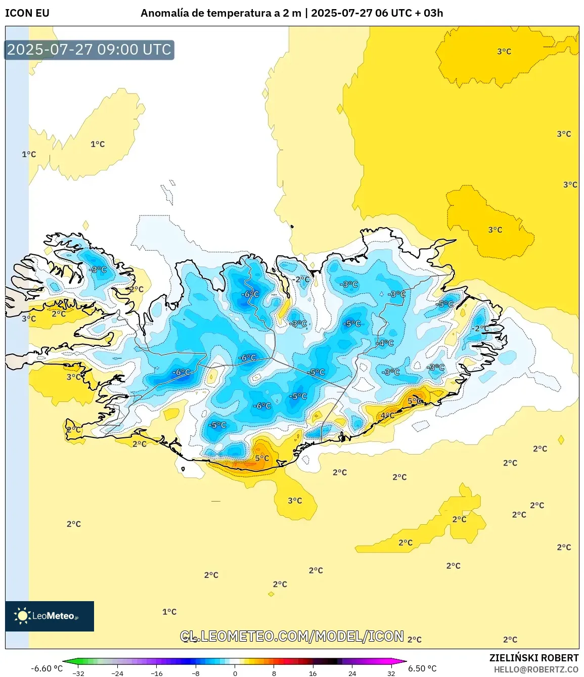 ICON model - Islandia, Anomalía de temperatura a 2 m ICON model - Islandia, Anomalía de temperatura a 2 m