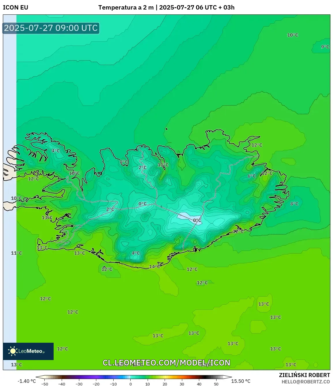 ICON model - Islandia, Temperatura a 2 m ICON model - Islandia, Temperatura a 2 m