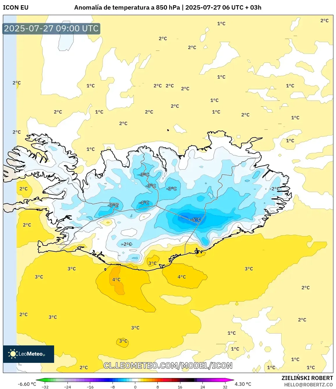 ICON model - Islandia, Anomalía de temperatura a 850 hPa ICON model - Islandia, Anomalía de temperatura a 850 hPa