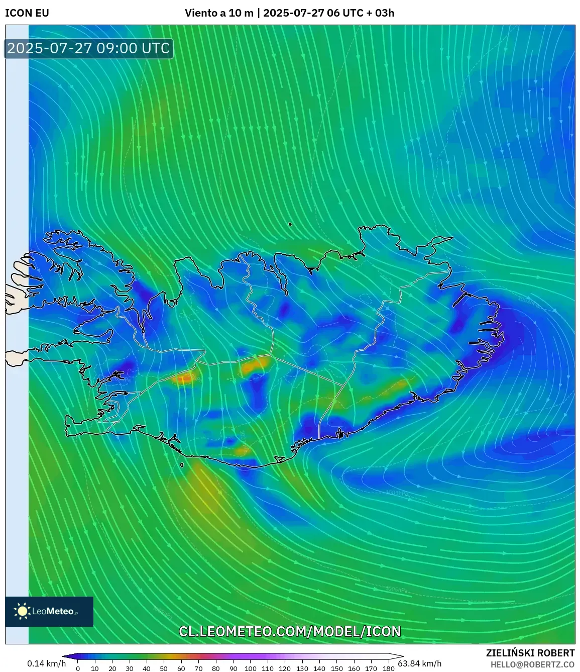 ICON model - Islandia, Viento a 10 m ICON model - Islandia, Viento a 10 m
