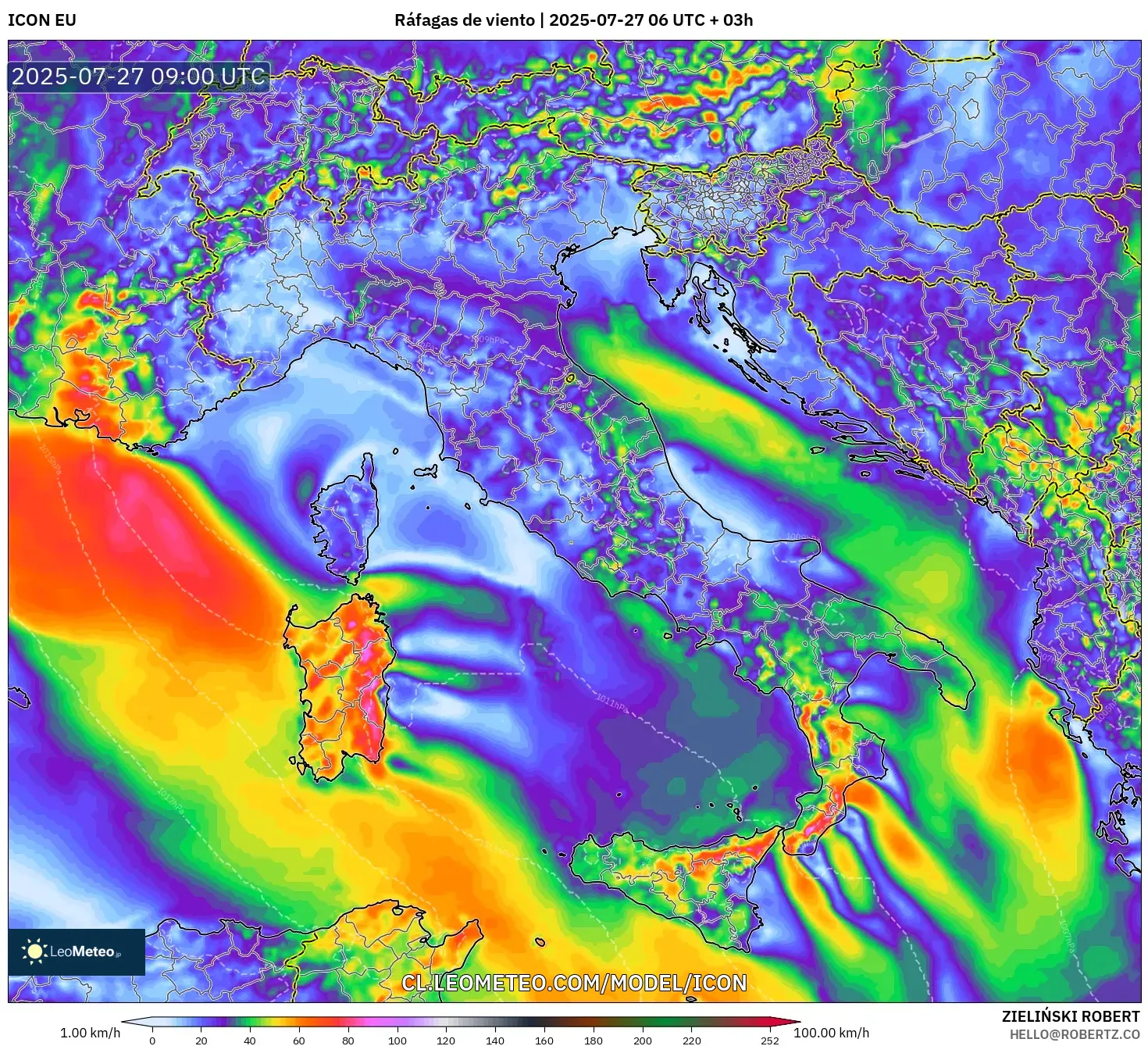 ICON model - Italia, Ráfagas de viento ICON model - Italia, Ráfagas de viento