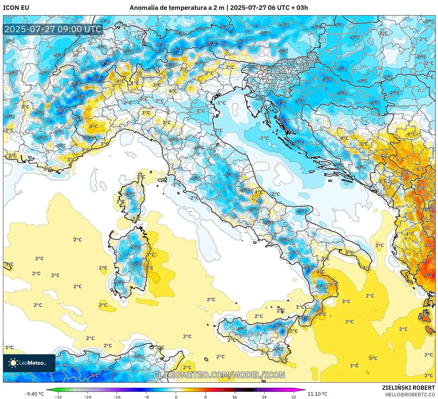 ICON model - Italia, Anomalía de temperatura a 2 m ICON model - Italia, Anomalía de temperatura a 2 m