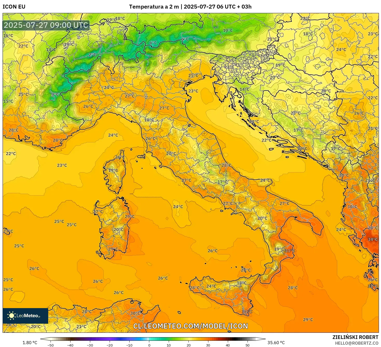 ICON model - Italia, Temperatura a 2 m ICON model - Italia, Temperatura a 2 m
