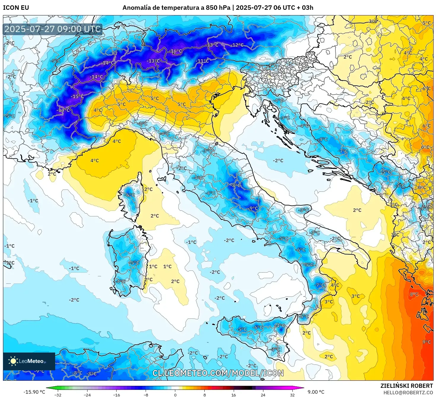 ICON model - Italia, Anomalía de temperatura a 850 hPa ICON model - Italia, Anomalía de temperatura a 850 hPa