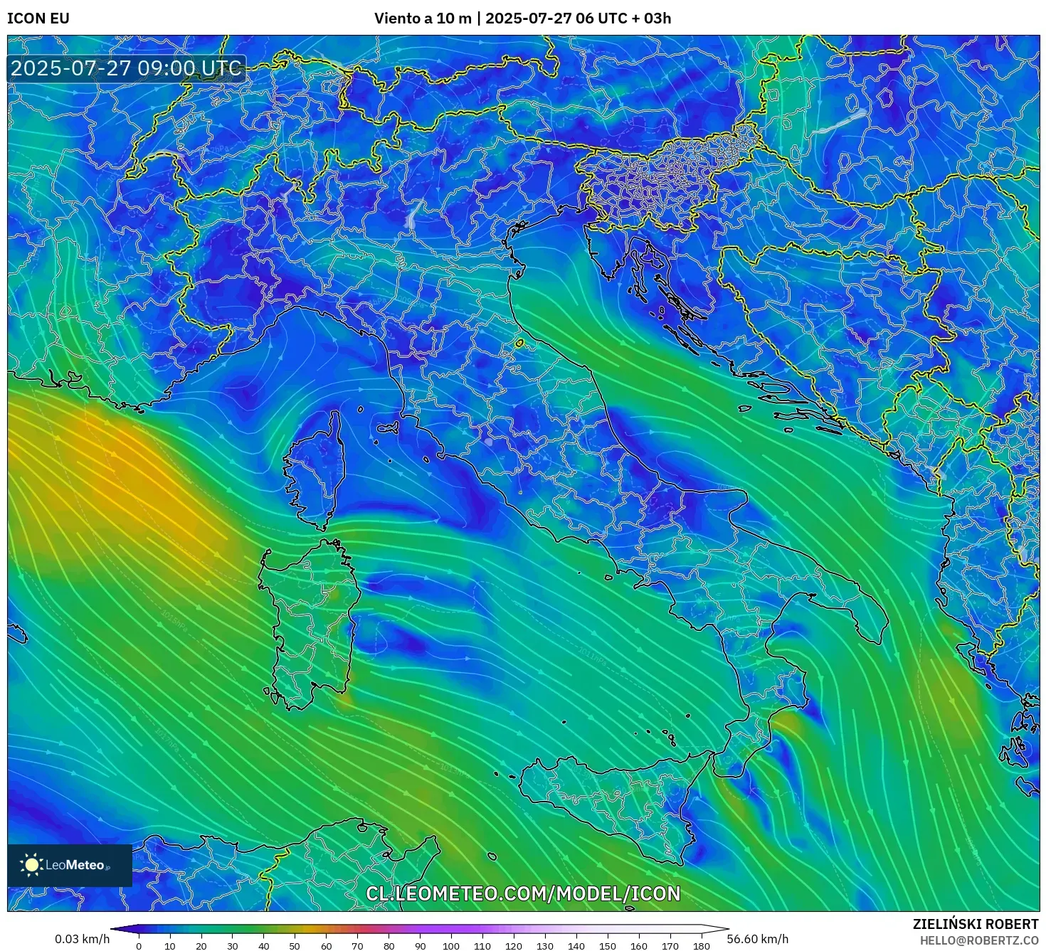 ICON model - Italia, Viento a 10 m ICON model - Italia, Viento a 10 m