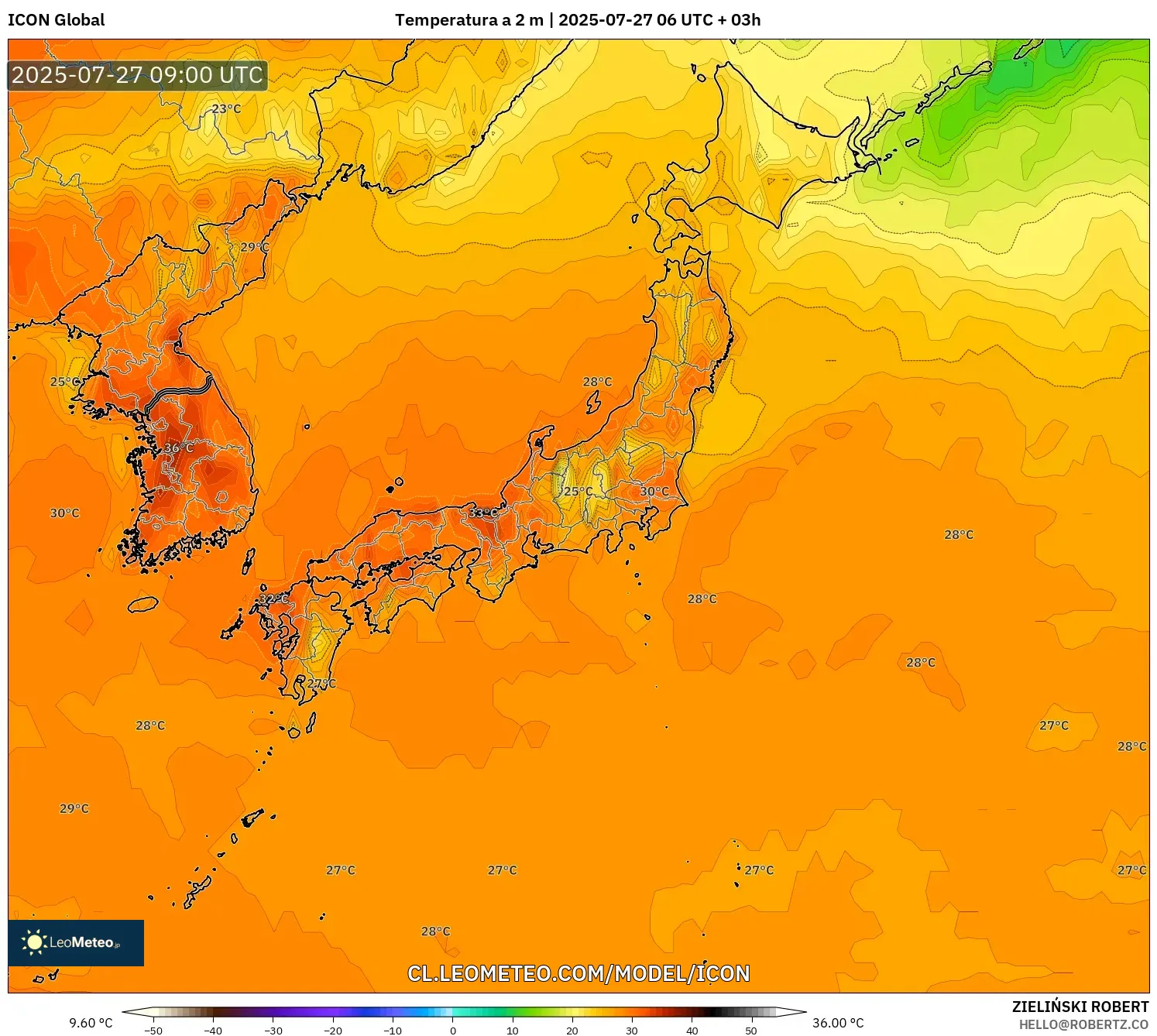 ICON model - Japón, Temperatura a 2 m
