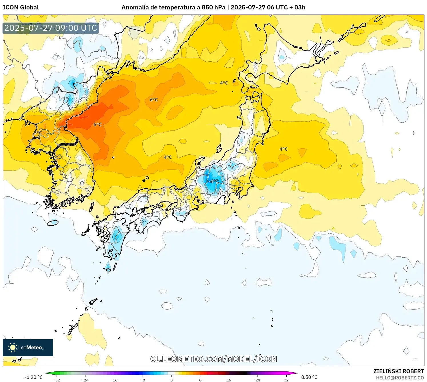 ICON model - Japón, Anomalía de temperatura a 850 hPa ICON model - Japón, Anomalía de temperatura a 850 hPa