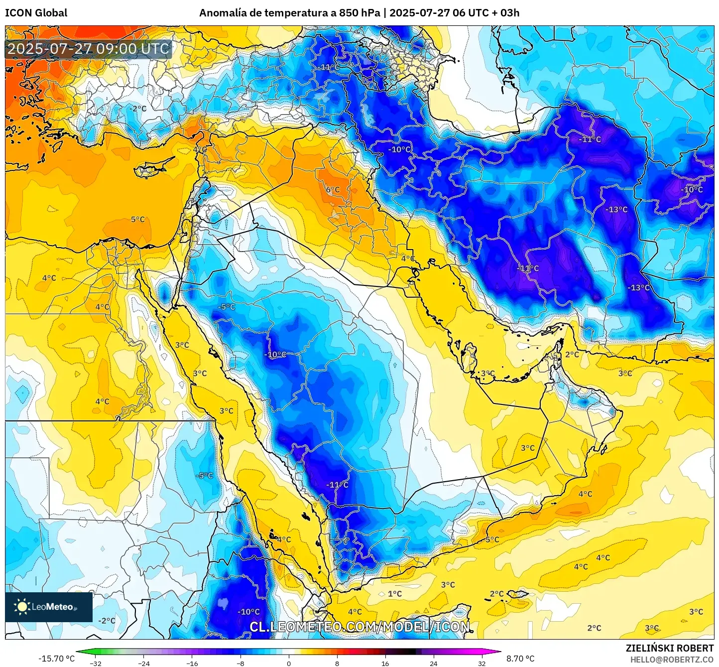 ICON model - Oriente Medio, Anomalía de temperatura a 850 hPa ICON model - Oriente Medio, Anomalía de temperatura a 850 hPa