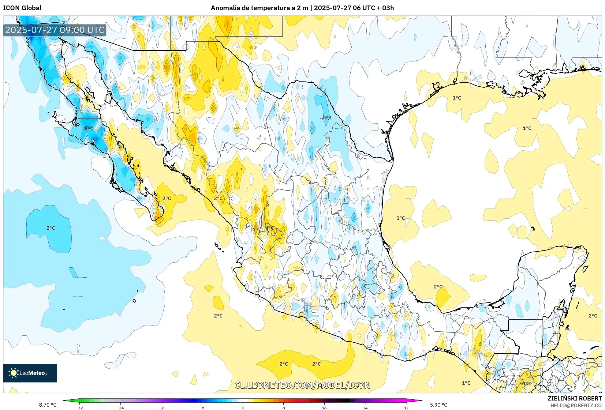ICON model - México, Anomalía de temperatura a 2 m ICON model - México, Anomalía de temperatura a 2 m