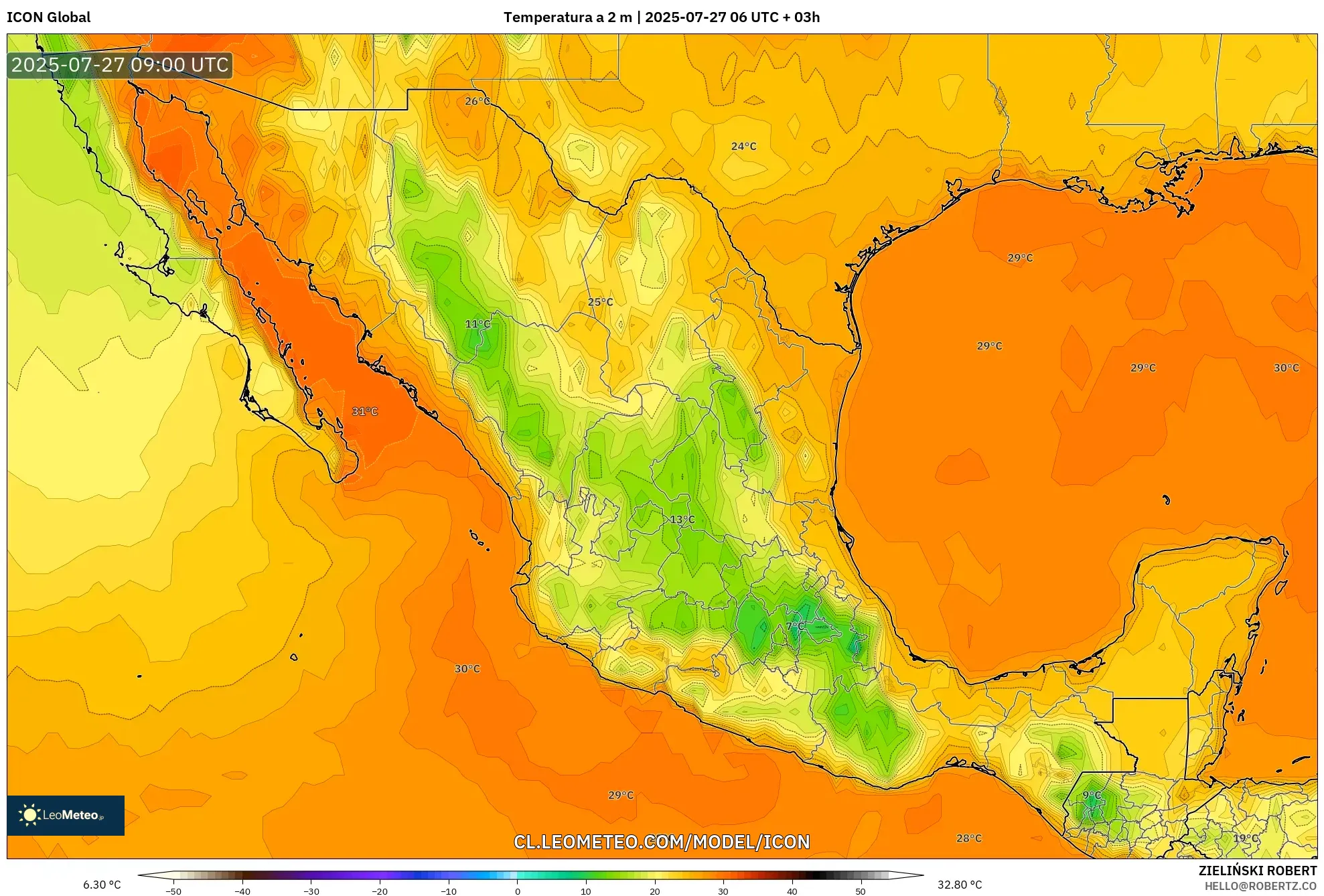 ICON model - México, Temperatura a 2 m ICON model - México, Temperatura a 2 m