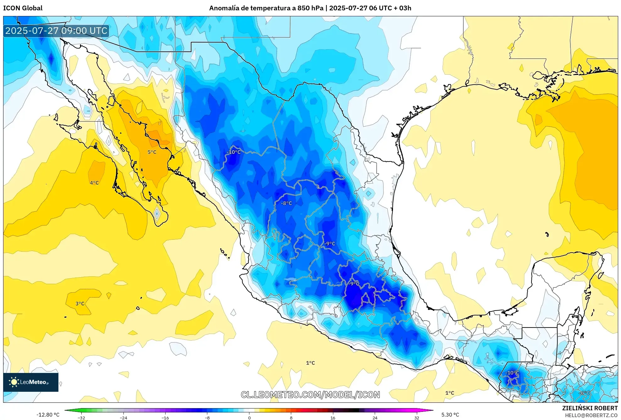 ICON model - México, Anomalía de temperatura a 850 hPa ICON model - México, Anomalía de temperatura a 850 hPa