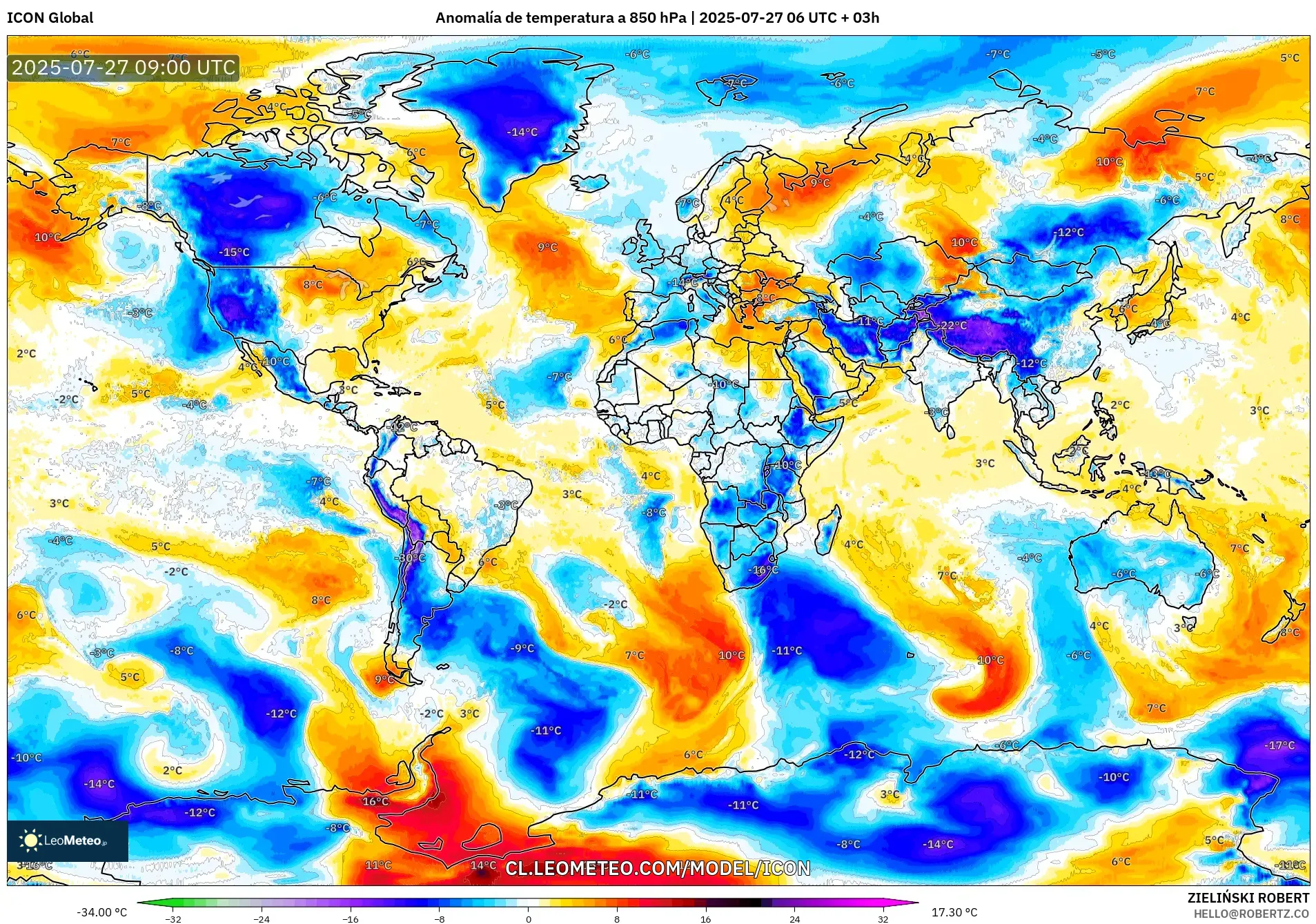 ICON model - Mundo, Anomalía de temperatura a 850 hPa ICON model - Mundo, Anomalía de temperatura a 850 hPa