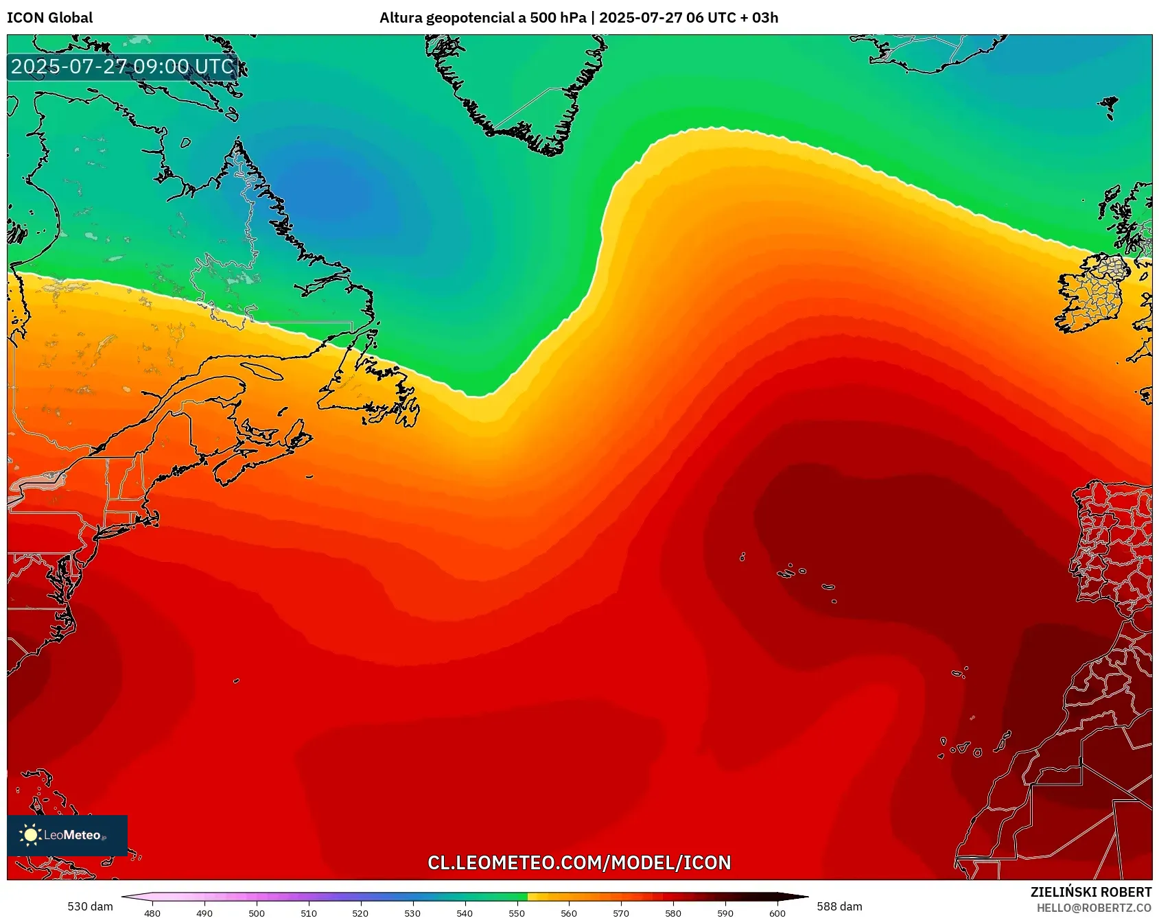 ICON model - Norte Atlántico, Altura geopotencial a 500 hPa ICON model - Norte Atlántico, Altura geopotencial a 500 hPa