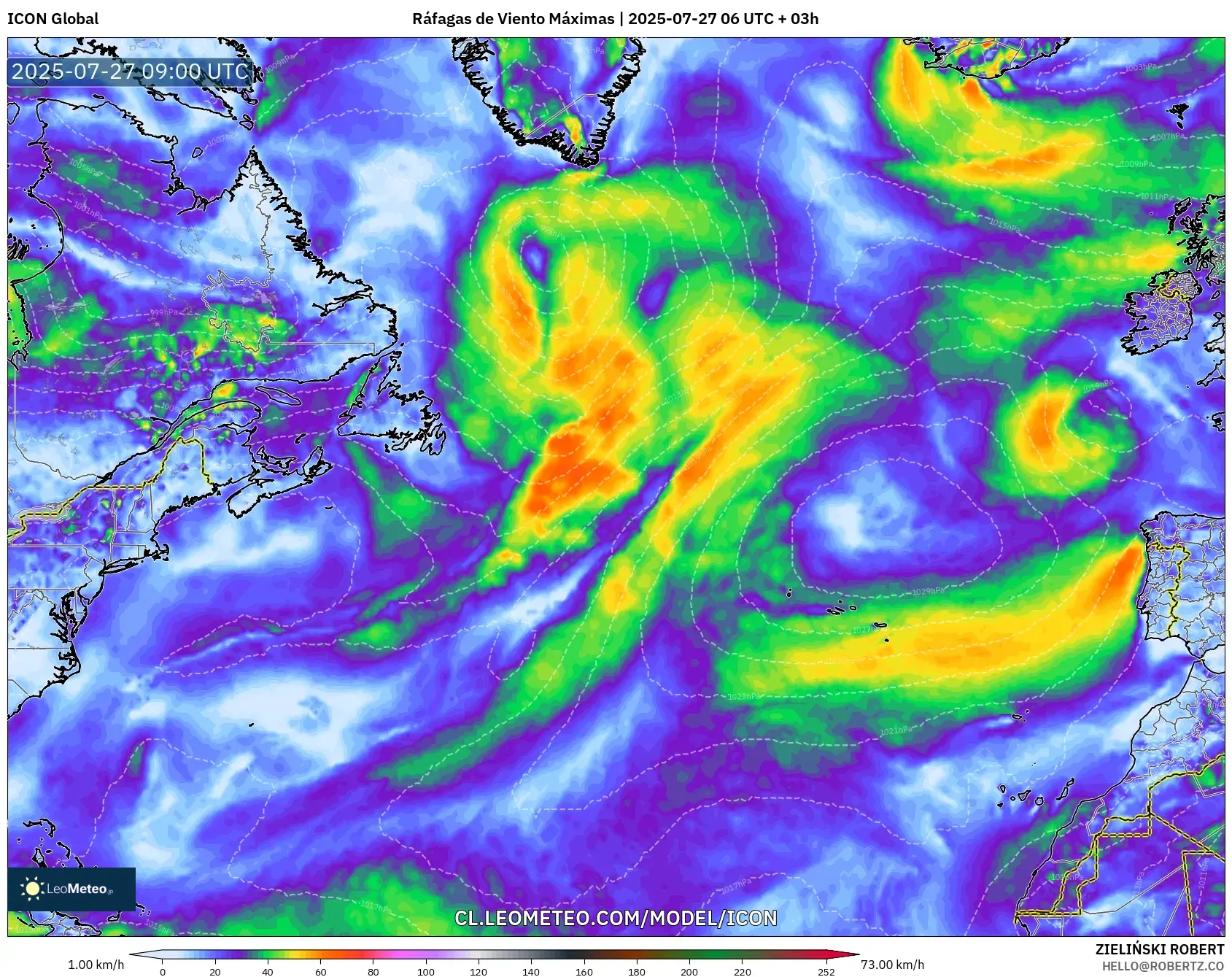 ICON model - Norte Atlántico, Ráfagas de Viento Máximas ICON model - Norte Atlántico, Ráfagas de Viento Máximas