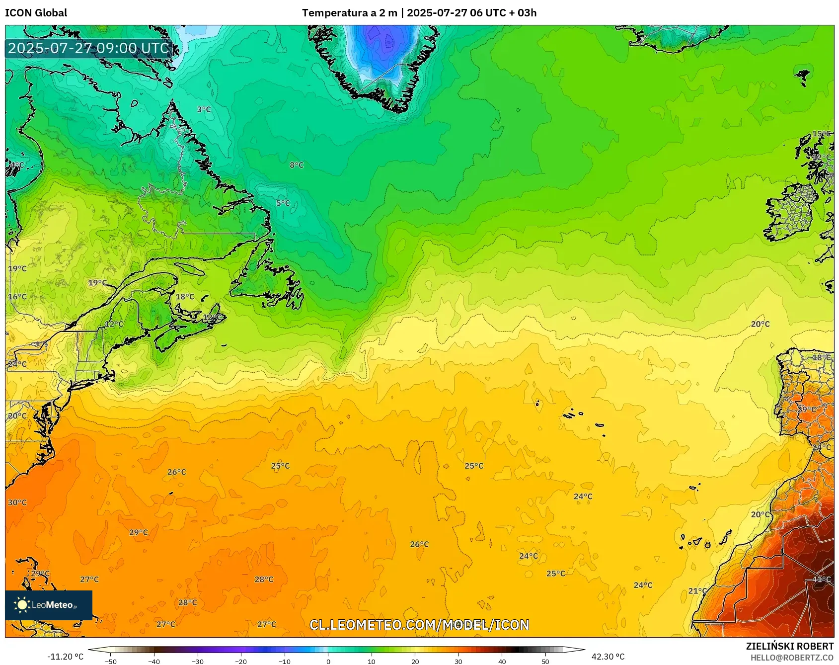 ICON model - Norte Atlántico, Temperatura a 2 m