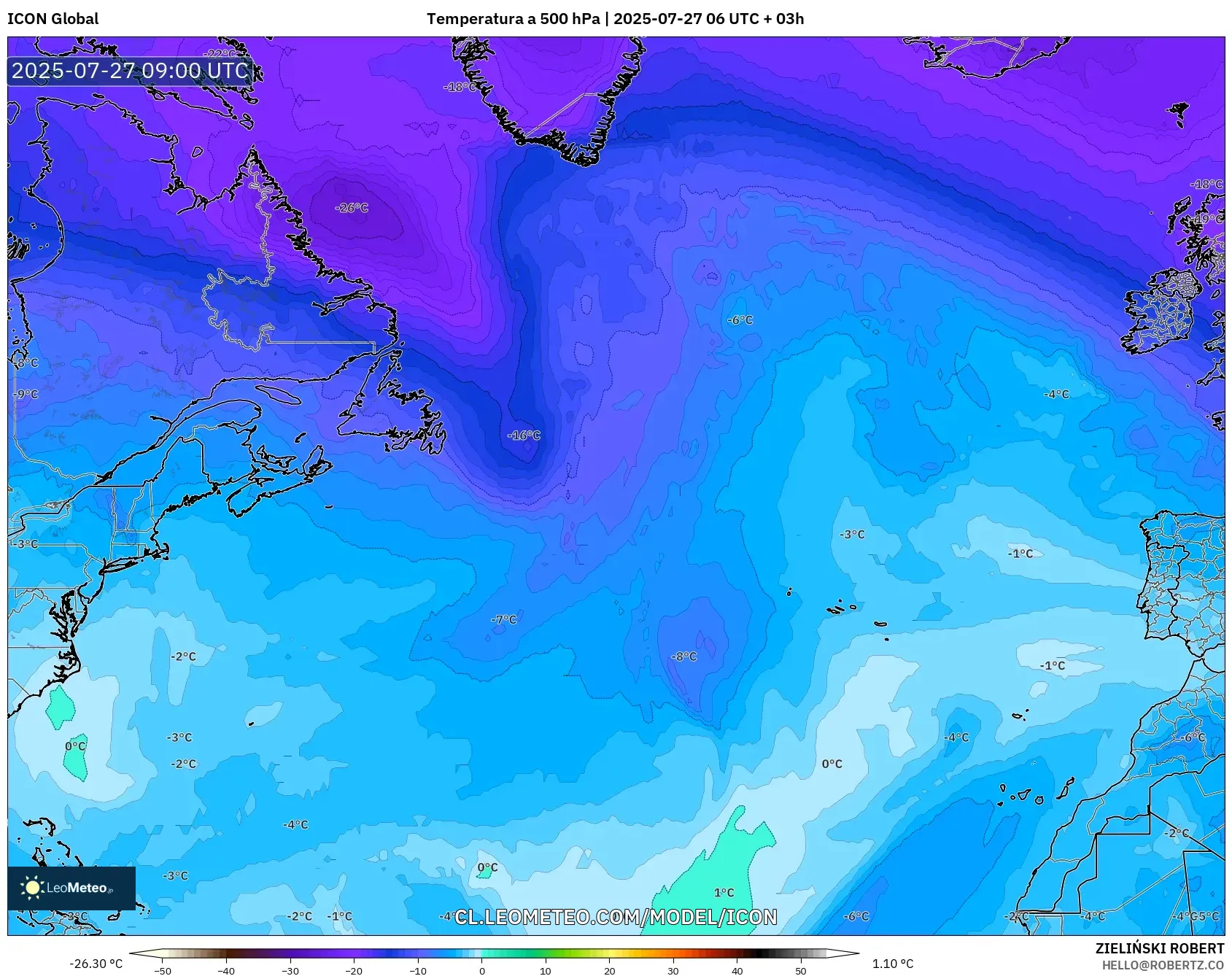 ICON model - Norte Atlántico, Temperatura a 500 hPa ICON model - Norte Atlántico, Temperatura a 500 hPa