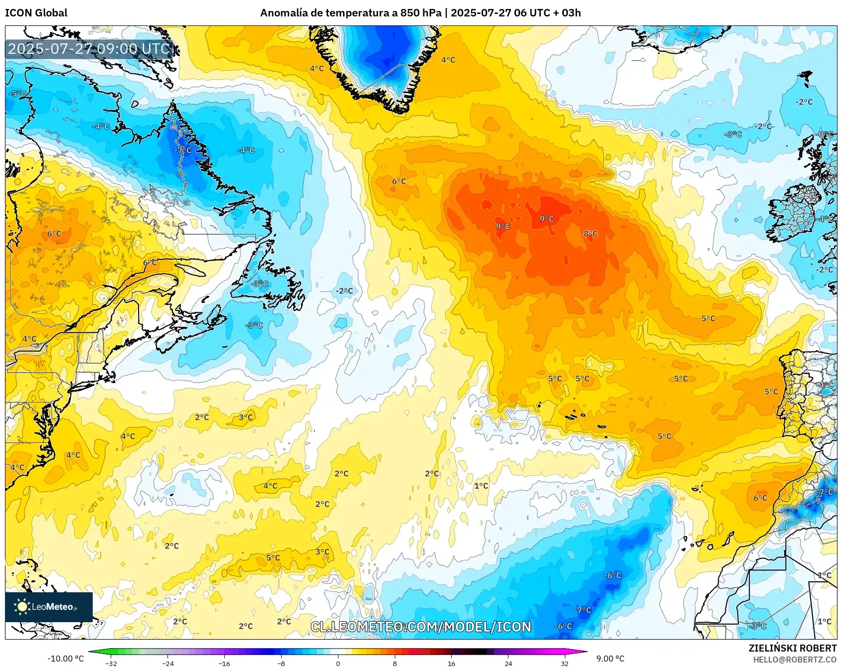 ICON model - Norte Atlántico, Anomalía de temperatura a 850 hPa ICON model - Norte Atlántico, Anomalía de temperatura a 850 hPa