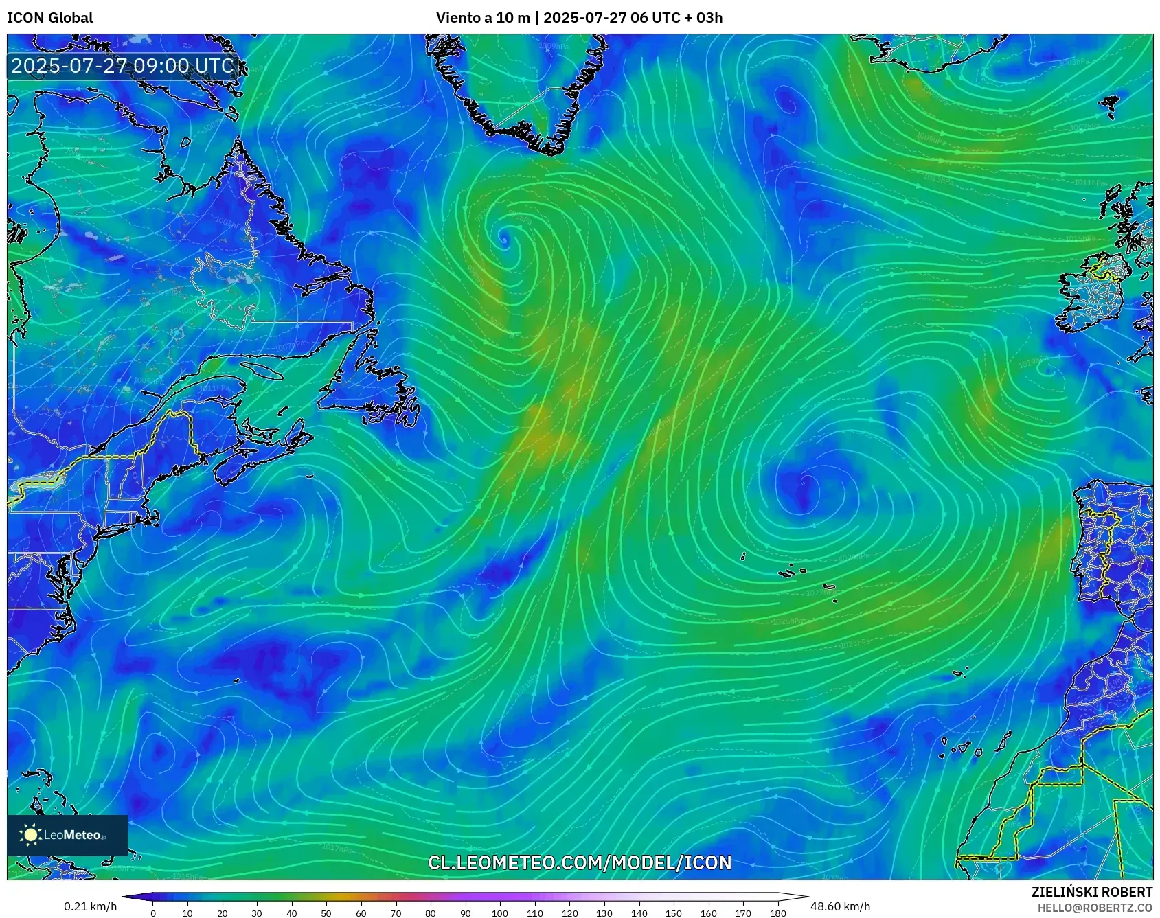 ICON model - Norte Atlántico, Viento a 10 m ICON model - Norte Atlántico, Viento a 10 m