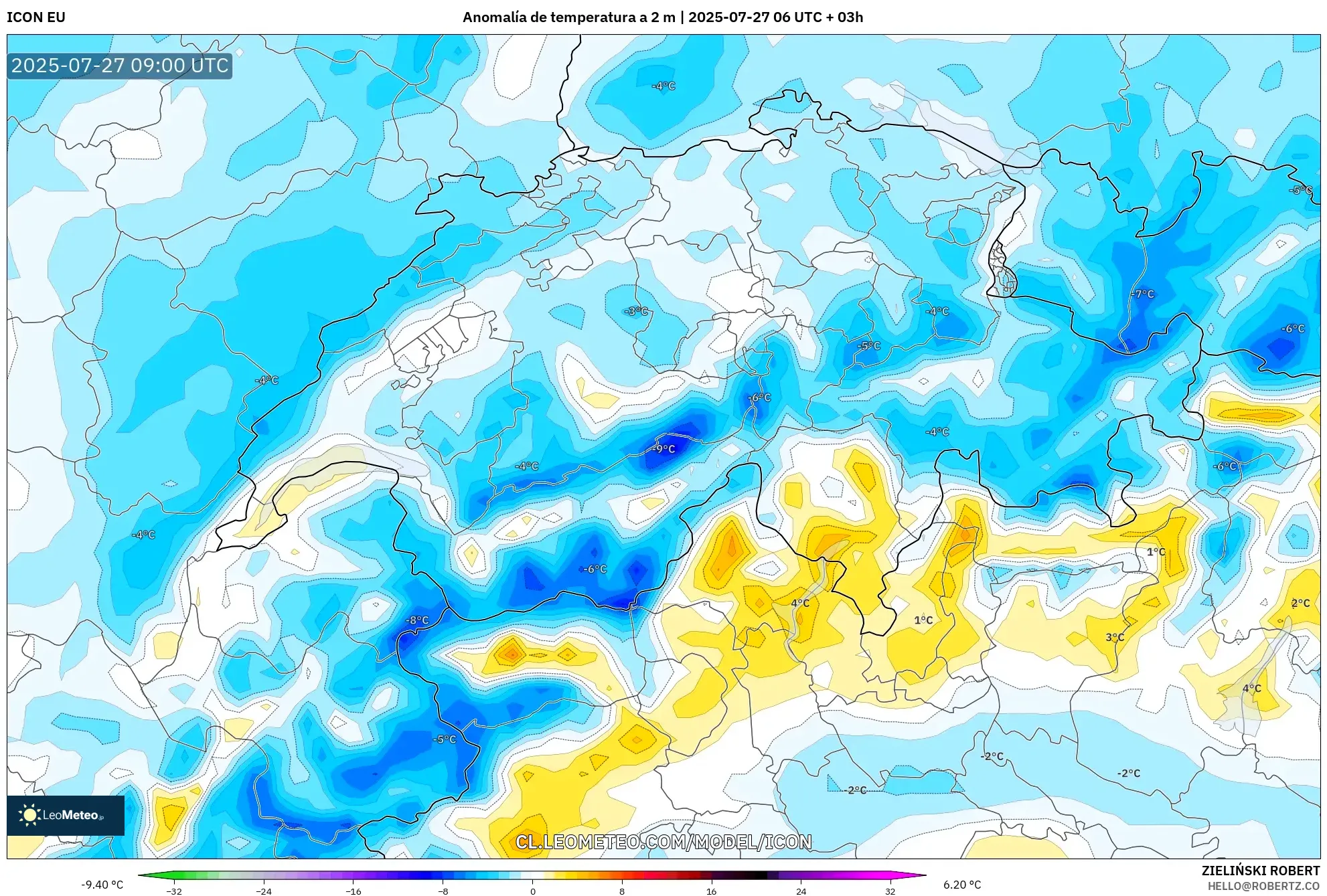 ICON model - Suiza, Anomalía de temperatura a 2 m ICON model - Suiza, Anomalía de temperatura a 2 m
