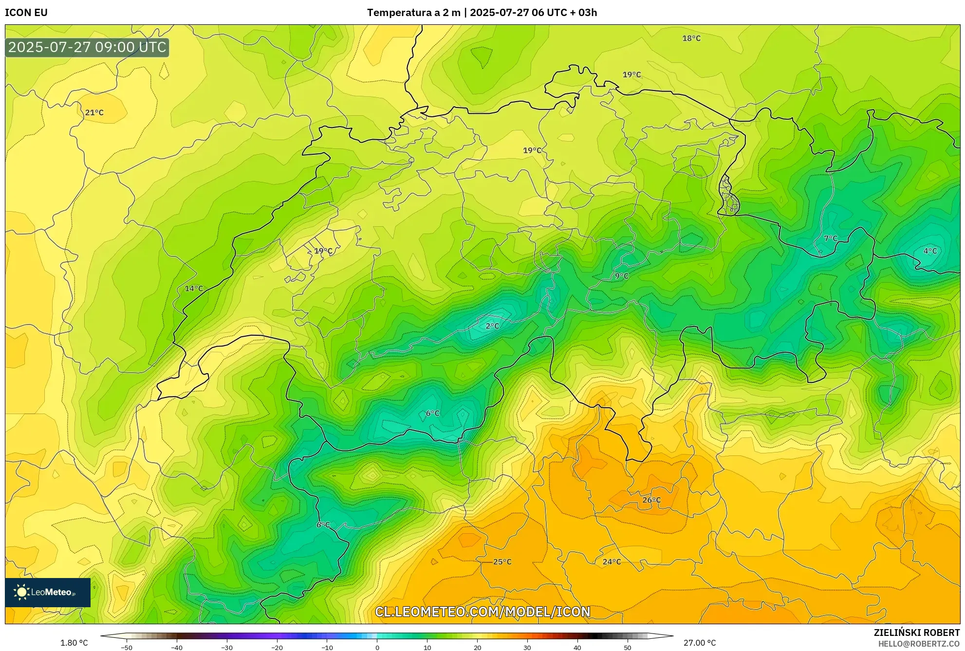 ICON model - Suiza, Temperatura a 2 m ICON model - Suiza, Temperatura a 2 m
