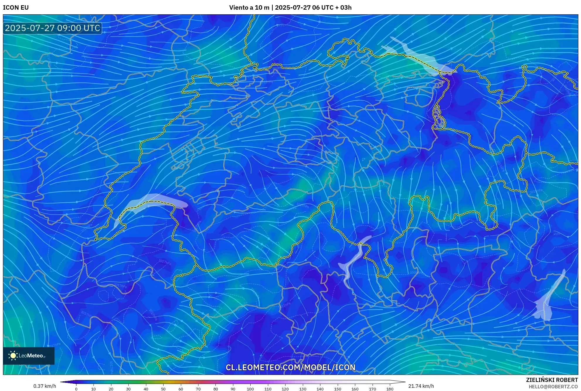 ICON model - Suiza, Viento a 10 m ICON model - Suiza, Viento a 10 m