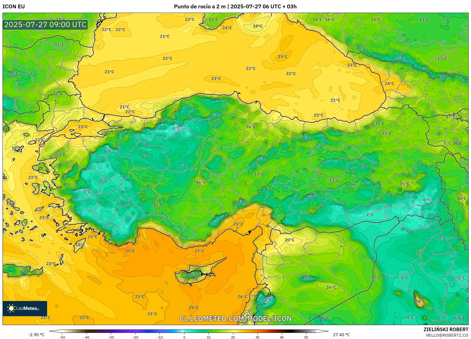 ICON model - Turquía, Punto de rocío a 2 m ICON model - Turquía, Punto de rocío a 2 m