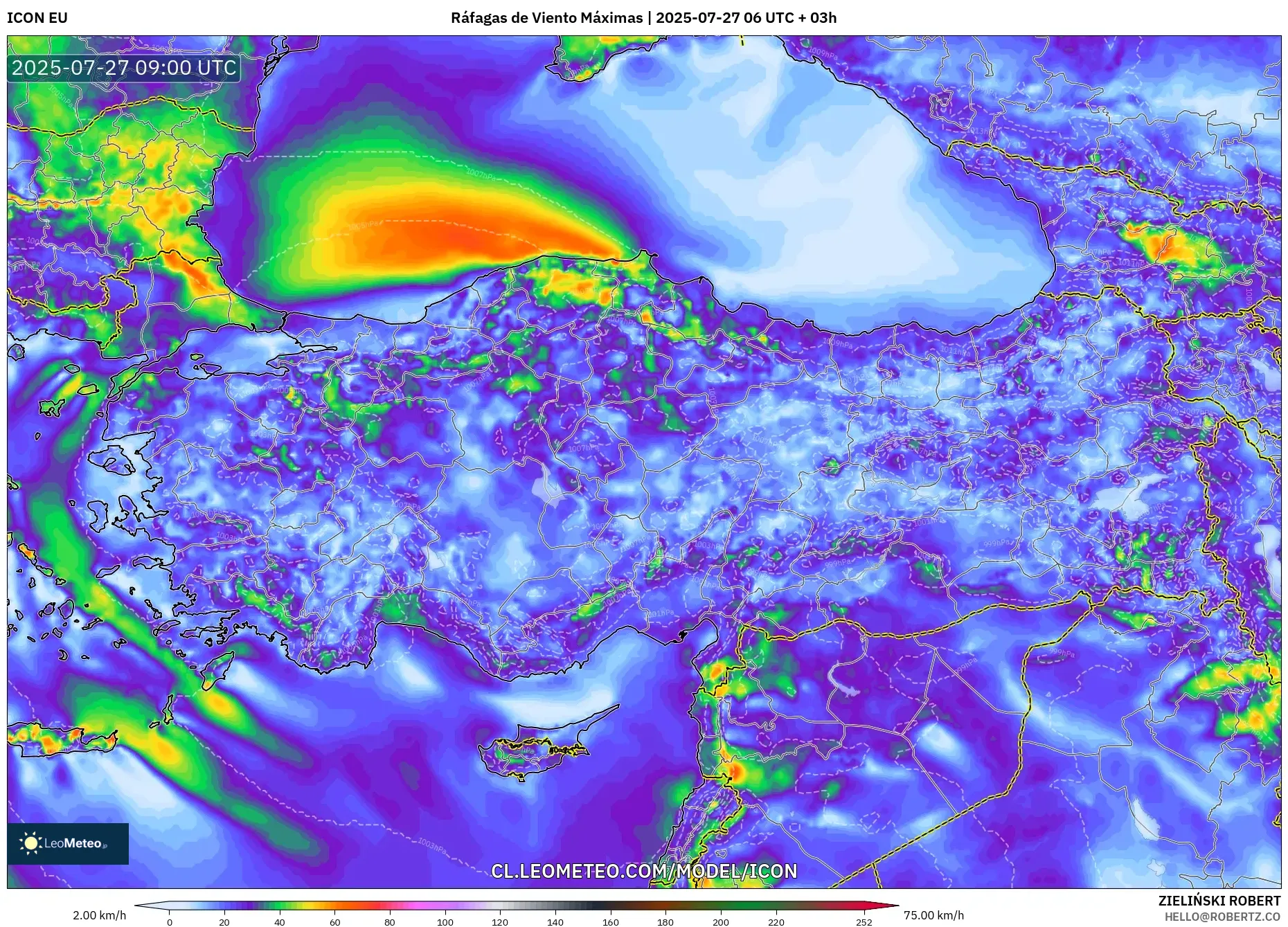 ICON model - Turquía, Ráfagas de Viento Máximas