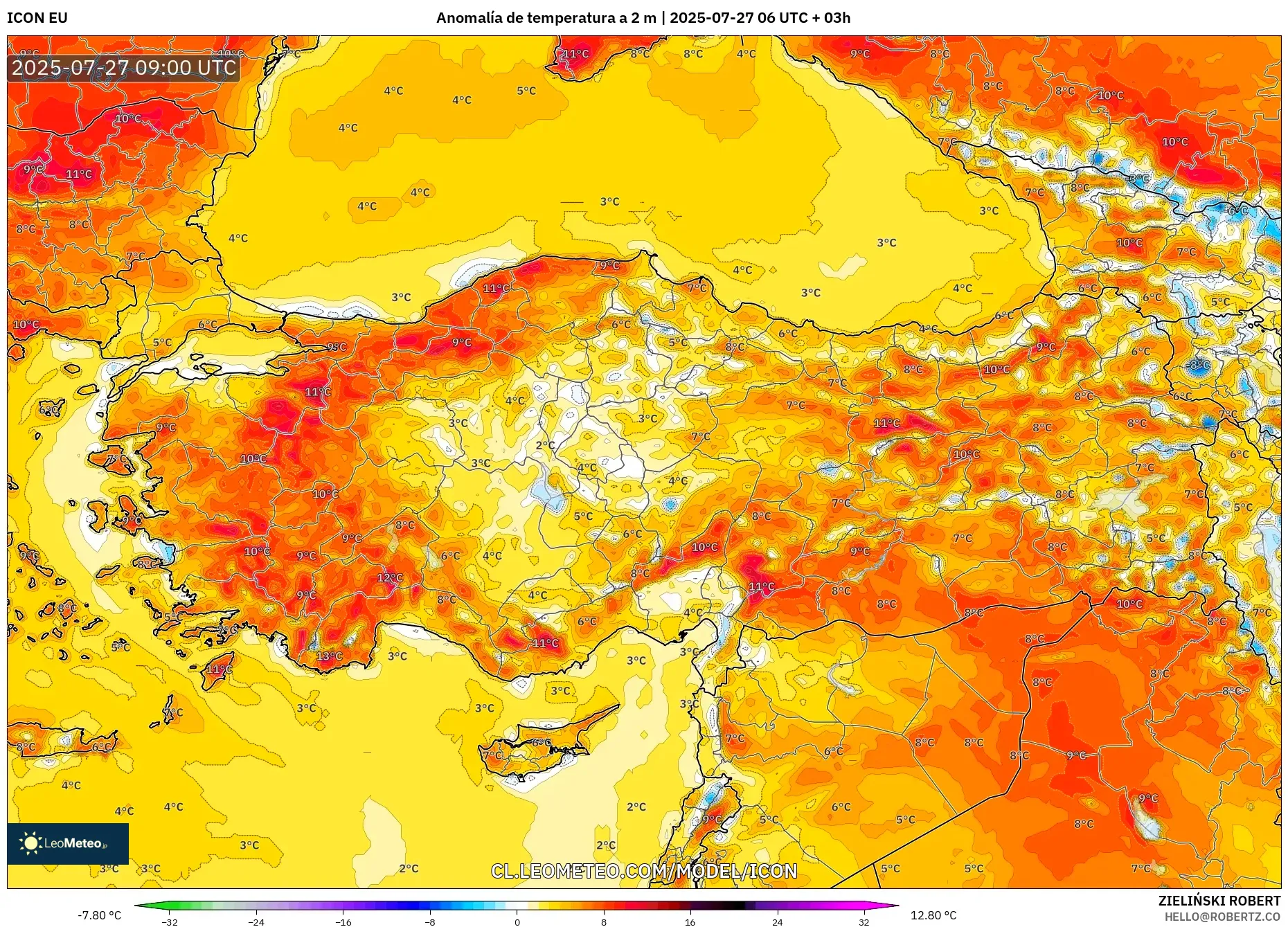 ICON model - Turquía, Anomalía de temperatura a 2 m ICON model - Turquía, Anomalía de temperatura a 2 m
