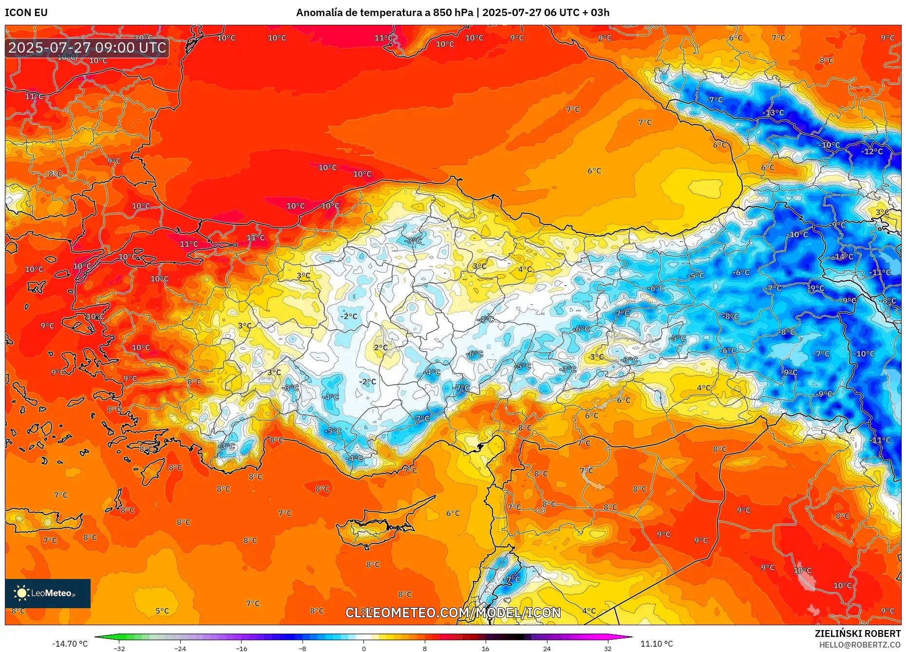 ICON model - Turquía, Anomalía de temperatura a 850 hPa ICON model - Turquía, Anomalía de temperatura a 850 hPa