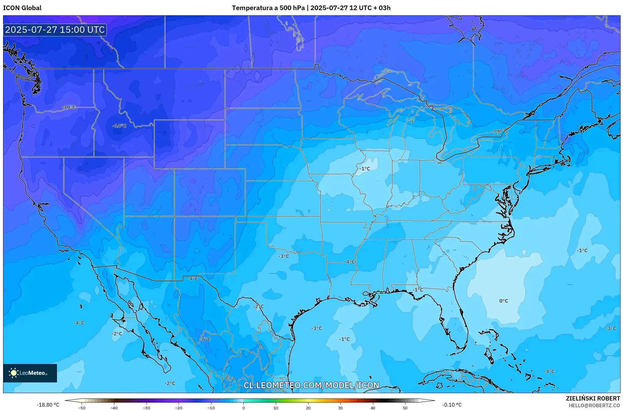 ICON model - Estados Unidos, Temperatura a 500 hPa ICON model - Estados Unidos, Temperatura a 500 hPa
